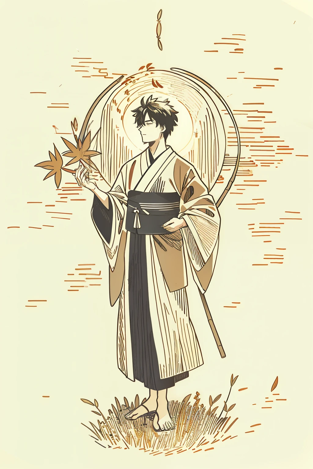 boy, solo, detailed expression, subtle wrinkles, mature face, bamboo forest, autumn leaves, orange and red hues, morning, overcast weather, immense sense of calm, fallen leaf on his shoulder, intricate background, ukiyo-e art style, (Masterpiece), (Best Quality), (Super Detail), Illustration, (((Very Serene and Contemplative))), Dynamic Angle, Gazing into the distance, ((((Solo)))), (((Full body))), (Tranquil), (wearing a traditional Japanese robe), (holding a bamboo flute), (nature scene), (soft focus), (cinematic lighting), autumn sun setting behind the trees