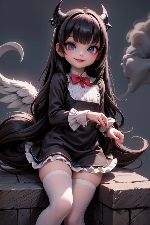 Ultra-realistic 8k CG, masterpiece, best quality, (photorealistic:1.4), absurdres, extremely detailed, real hair, a demon-girl smiling, red lipstick, red smokey eyes make up, showing fang, black hair, teen dress, (white stockings), black (mary jane ****ta pumps), tail, black wings, devil horns, looking at viewer, reflective, crawling toward viewer, night castle, night sky, life-like, horror scene, dark setting,