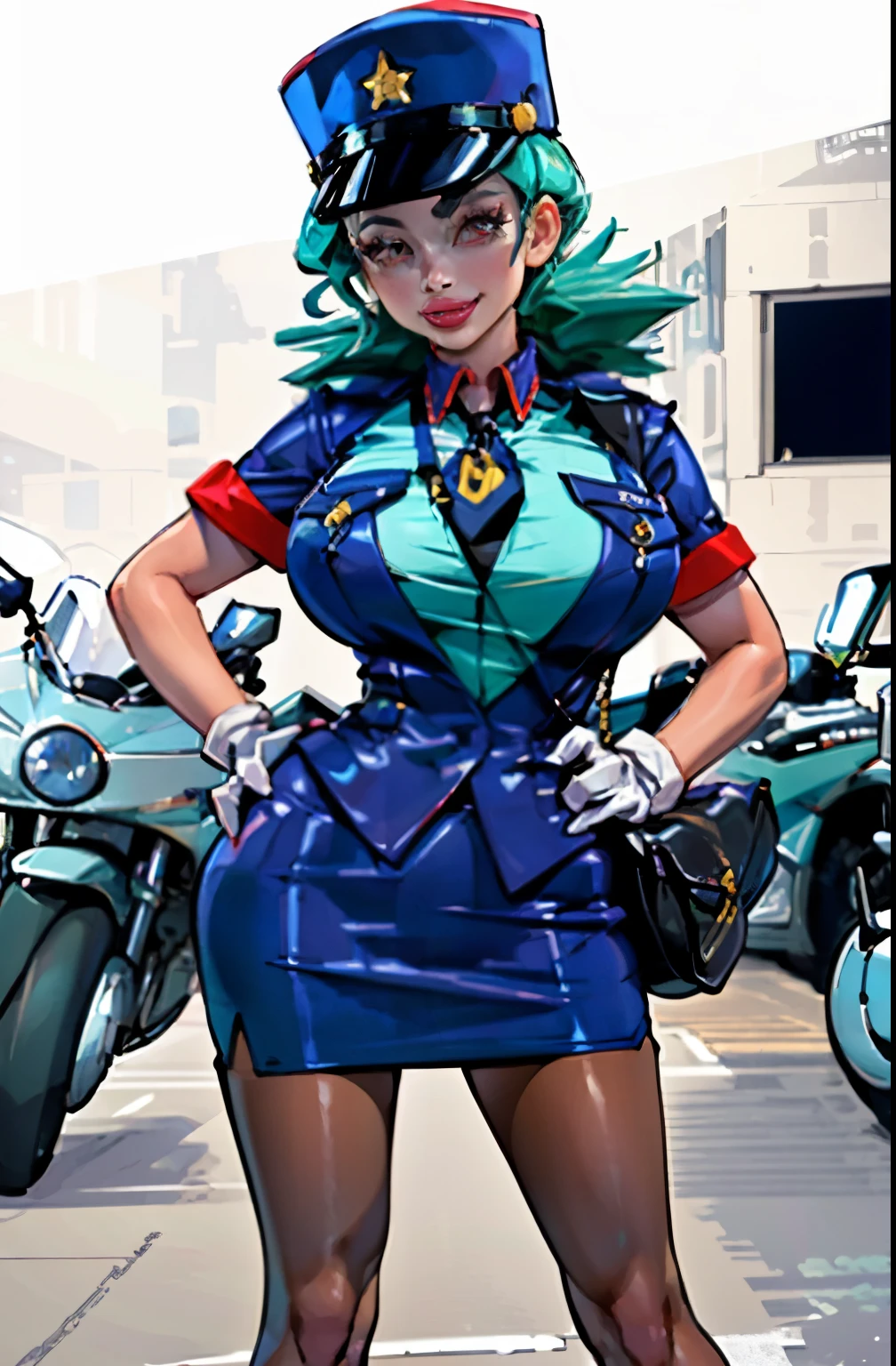 (masterpiece, best quality:1.2) officer jenny, pokemon, 1girl, solo, long hair, breasts, looking at viewer, smile, red eyes, green hair, huge breasts, green hair, white gloves, police hat, miniskirt, bag, star (symbol), uniform, blue skirt, hand on hip, blue shirt, pencil skirt, brown pantyhose, motor vehicle, ground, vehicle, police uniform, simple background, skirt suit, (((three-piece suit))), (((necktie))), blazer, (((suit jacket))), (((waistcoat))), double-breasted waistcoat, bodycon miniskirt, pencil skirt,