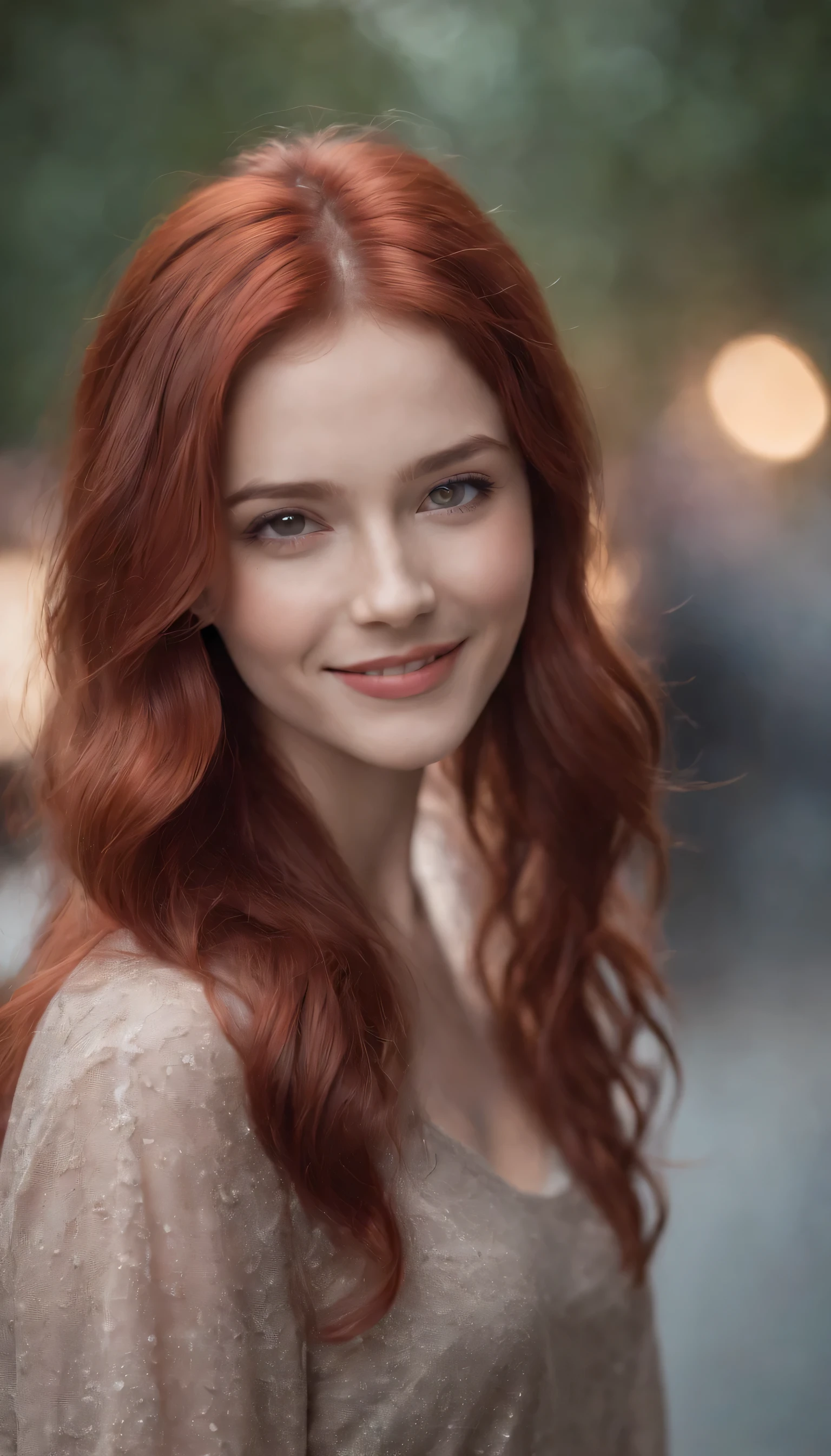 1girl, red hair, long hair, red eyes, smiling