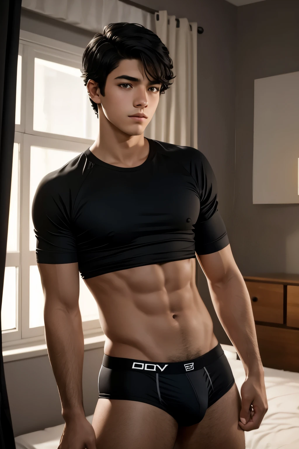 handsome age boy wearing a jockstrap, very short black hair, bedroom