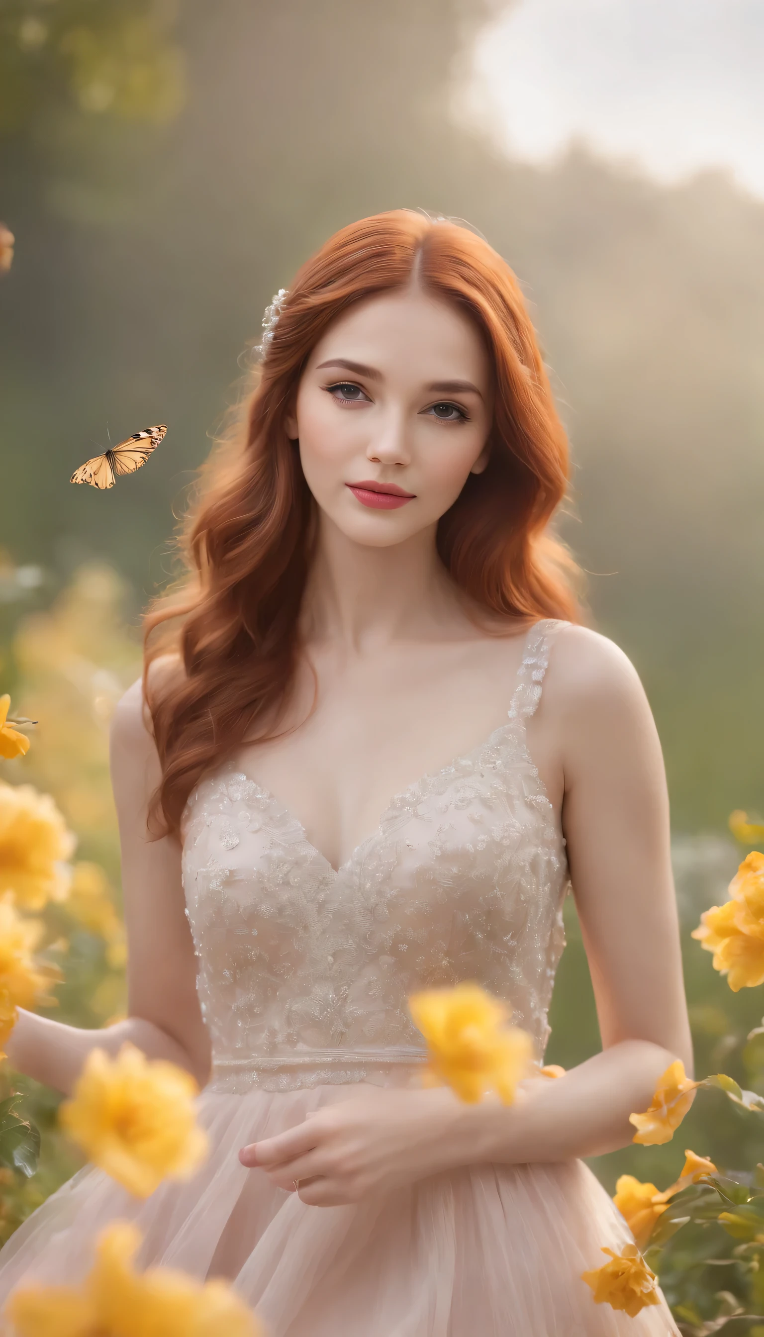 una toma ultra realista de una mujer elfa muy hermosa con un hermoso cabello ????? con mariposas y flores posando para una foto, Rasgos faciales extremadamente detallados y claros, realistic Barbie doll, Estilo de arte de anime realista, The color palette is composed of warm, Tonos dorados que reflejan la luz del sol. Sus ojos, lleno de los colores de una vibrante puesta de sol, Cautivar al espectador. The illustration radiates a sense of ethereal beauty and connection to nature, mariposas revolotean juguetonas por toda la escena, Kinematic, hiperdetallado, Detalles locos, bellamente graduado de color, Motor irreal, DOF, Super-Resolution, Megapixel, Cinematic Lightning, Antialiasing, FKAA, TXAA, RTX, SSAO, Procesamiento posterior, Post Production, Mapeo de tonos, .cgi, VFX, SFX, insanely detailed and intricate, Hiper maximalista, hiperrealista, volumetic, fotorrealista, ultra fotorrealista, Ultra detallado, Detalles intrincados, 8k, Super detailed, a todo color, volumetric illumination, HDR, realista, Motor irreal, 16k, foco nítido, CGsociety 9