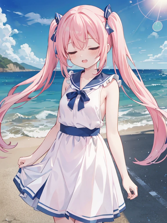 absurderes, hight resolution, (Anime style:1.1), ((masutepiece)), ((Best Quality)), (Ultra-detailed), (Beautiful), 独奏, Beautiful face, (Cowgirl Shot:1.2)、(liftup),Cute  standing on the street in Mediterranean port city,Wind,Light pink hair, Blue eyes,very long twintails, White skirt, Blue sky,Laugh,double tooth,Closed eyes,Looking at Viewer,Lens Flare,Dramatic, Coastal、red eyes, topless, small breasts