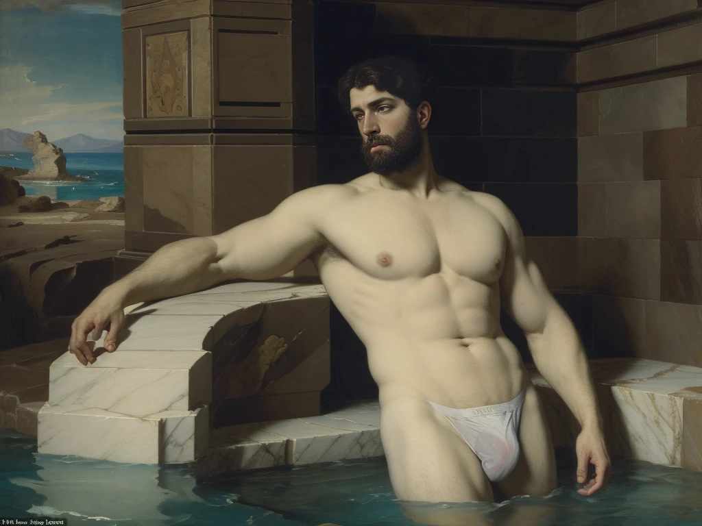 Standing pose, oil painting, exquisite, oil painting, ((5 men in the thermal Baths)), Fresco style, by Daniel Gerhartz, By Greg Rutkowski, regency era, classic art, , ((five naked men)), ((briefs, bulge)), five shirtless men kissing, strong handsome, pose, scantily dressed Men, ((5 men)), loving, smooth muscles, landscape background, centered, perfect composition, canvas texture, no clothes, oil on canvas, oil painting, Masterpiece,