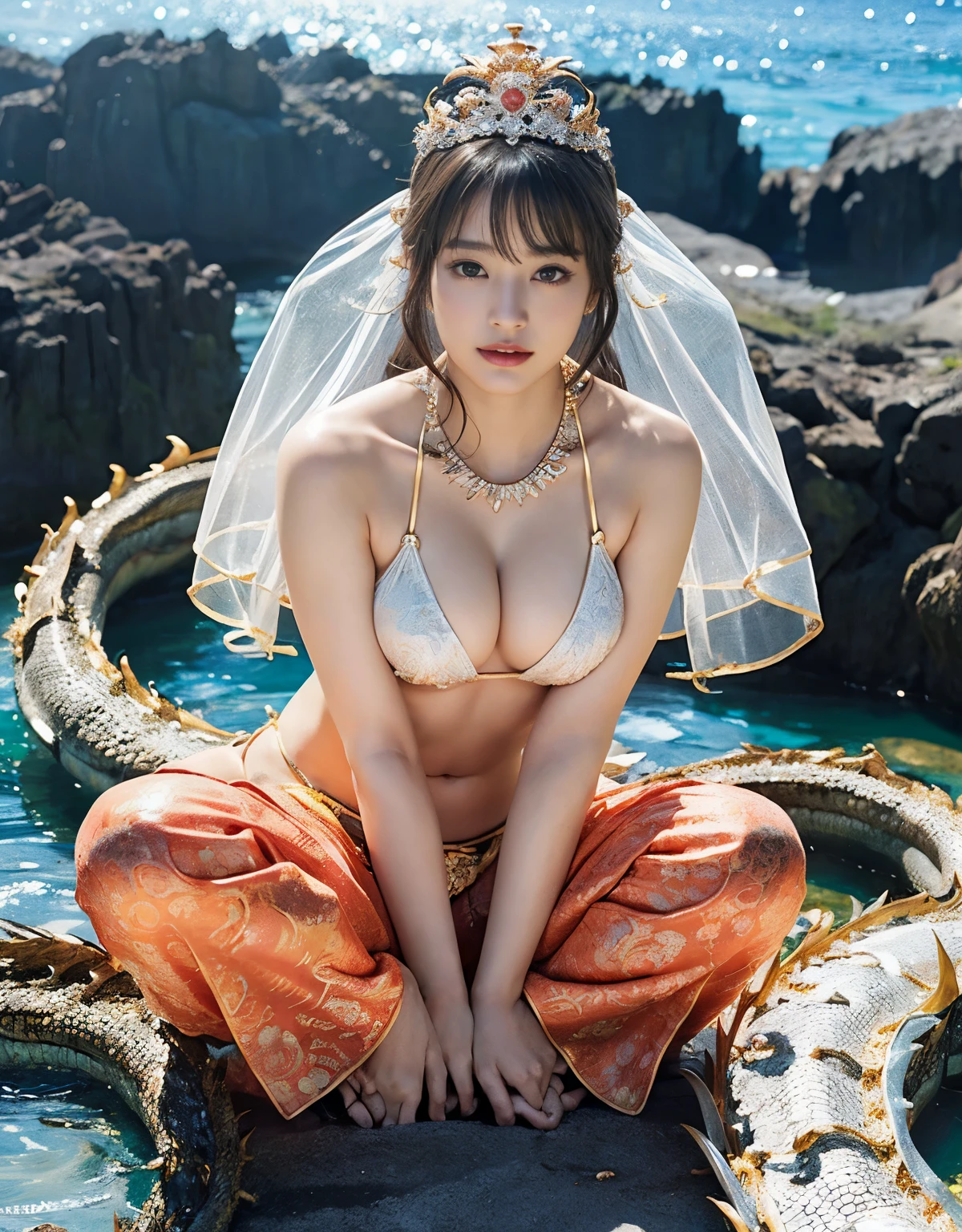 (heavy chest)、highest quality、masterpiece、Super high resolution、(Yellow Dragon Armor)、(((Metal製))),(((big breasts)))、(((detailed white micro bikini))),(wears a beautiful crown made of precious stones),(Photoreal:1.4)、RAW photo、1 girl、(((random hair))、(((take various poses)))、glowing skin、(((black chinese dragon)))、intricate and gorgeous hair ornaments、(Looks like a gorgeous jewelry necklace)、(Someone who looks at you with calm, goddess-like eyes.)happiness:1.2)、(metal bikini background)).((Beautiful coral and sea background))、sheer cliff、(ruins background)、((Super realistic details))、Portrait、global illumination、(sexy pose)、Shadow、octane rendering、8K、big breasts、Raw skin exposed in the cleavage、Metal、intricate decorative details、Japan details、very intricate details、realistic light、CG Society Trenlow Eyes、Eyes shining towards the camera、two stock、(veil)、(((heavy big))),Shining eyes shine、armpit、