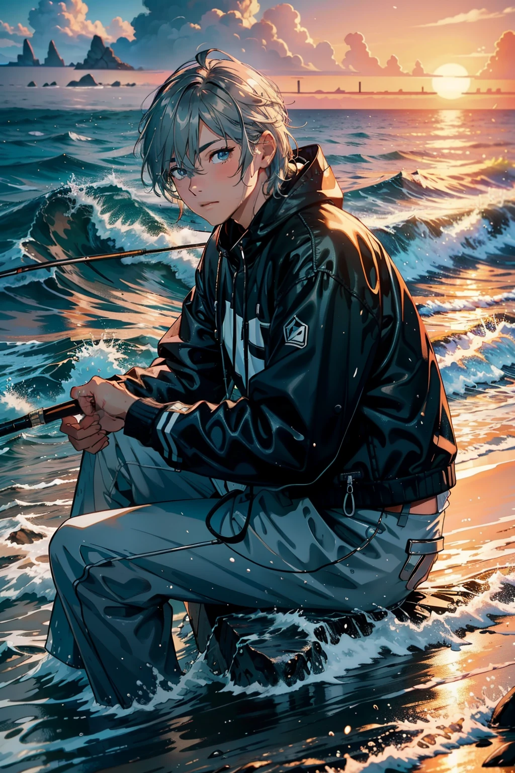 top-quality masterpiece, Ocean wave crashing on the shore, Old man sitting on a rock, Watching sunset with a fishing rod:1.5,
(Shimmering water: 1.3), (High definition: 1.4), Realistic rendering, Fine details, (Sunset: 1.2), (投рия, 1.1), Wet hair, (Lonely: 1.2), Intricate clothing, (Fishing gear: 1.3),
(Rustic: 1.2), (Peaceful: 1.1), (Natural light: 1.2), (Authentic: 1.1),
