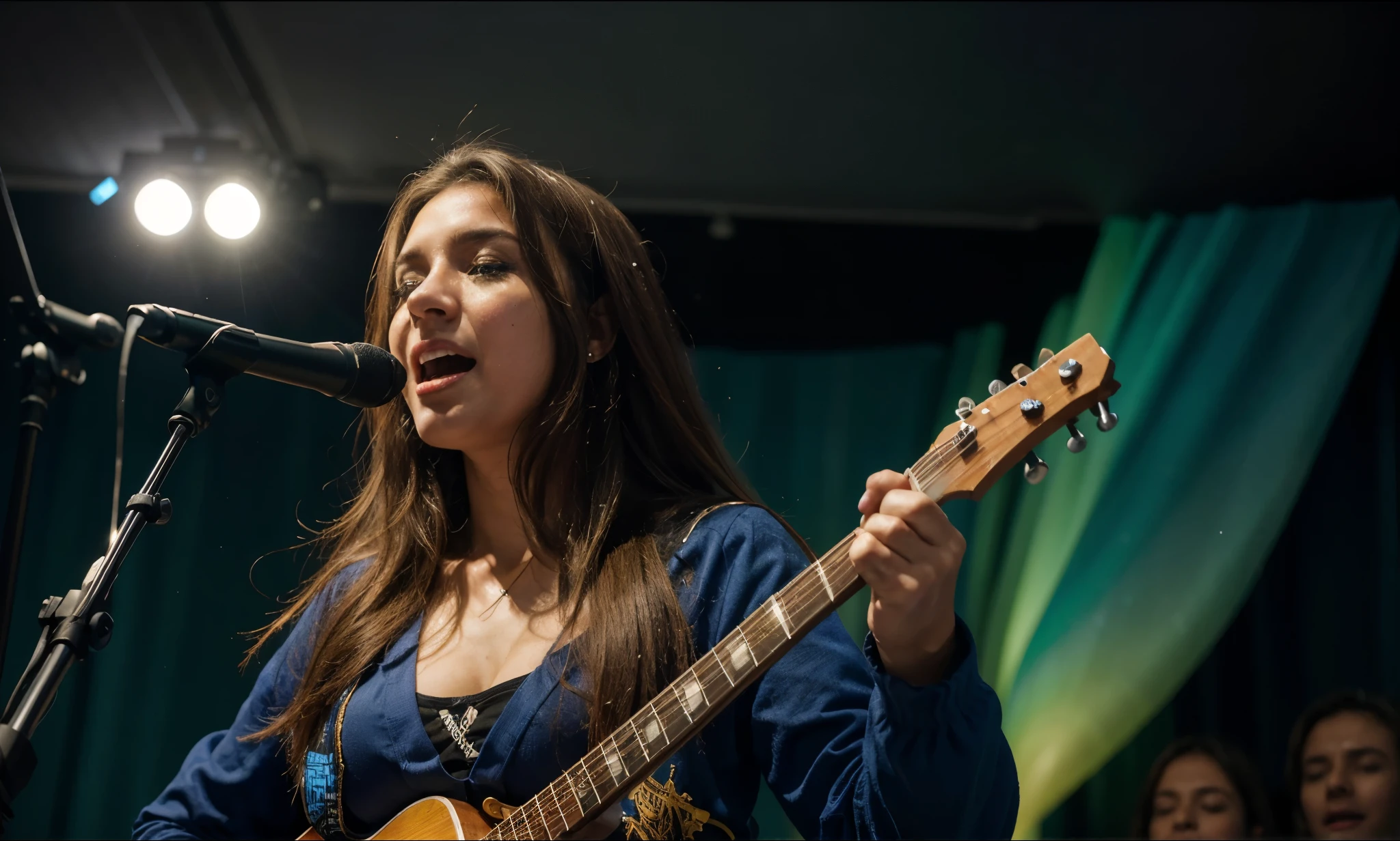 melhor qualidade,4k,8k,high resolution,obra de arte:1.2),ultra-detalhado,realista(linda cantora de olhos azuis),(loiro-haired,loiro),[microfone],studio lighting,lush soundproof walls,dynamic microfone stand,professional audio equipment,atmosfera serena,monitoramento de engenheiro de som,talented musicians,Dynamic stage presence,energia vibrante,desempenho hipnotizante,upbeat music,vocais estelares,authoritative performance,letras envolventes,Letras inspiradoras,voz emotiva,harmonias felizes,movimentos fluidos,captivating expressions,controle de pitch magistral,emotionally charged interpretation,Aura deslumbrante,entrega fascinante,holofotes azuis,Atmosfera animada,Energetic crowd,Fierce Passion,Comportamento confiante,soundproof recording booth,Northern Lights Scenery,alcance vocal perfeito,qualidades tonais requintadas,Carreira ilustre,talento destemido,melodia feliz,vestido azul,brincos espumantes
