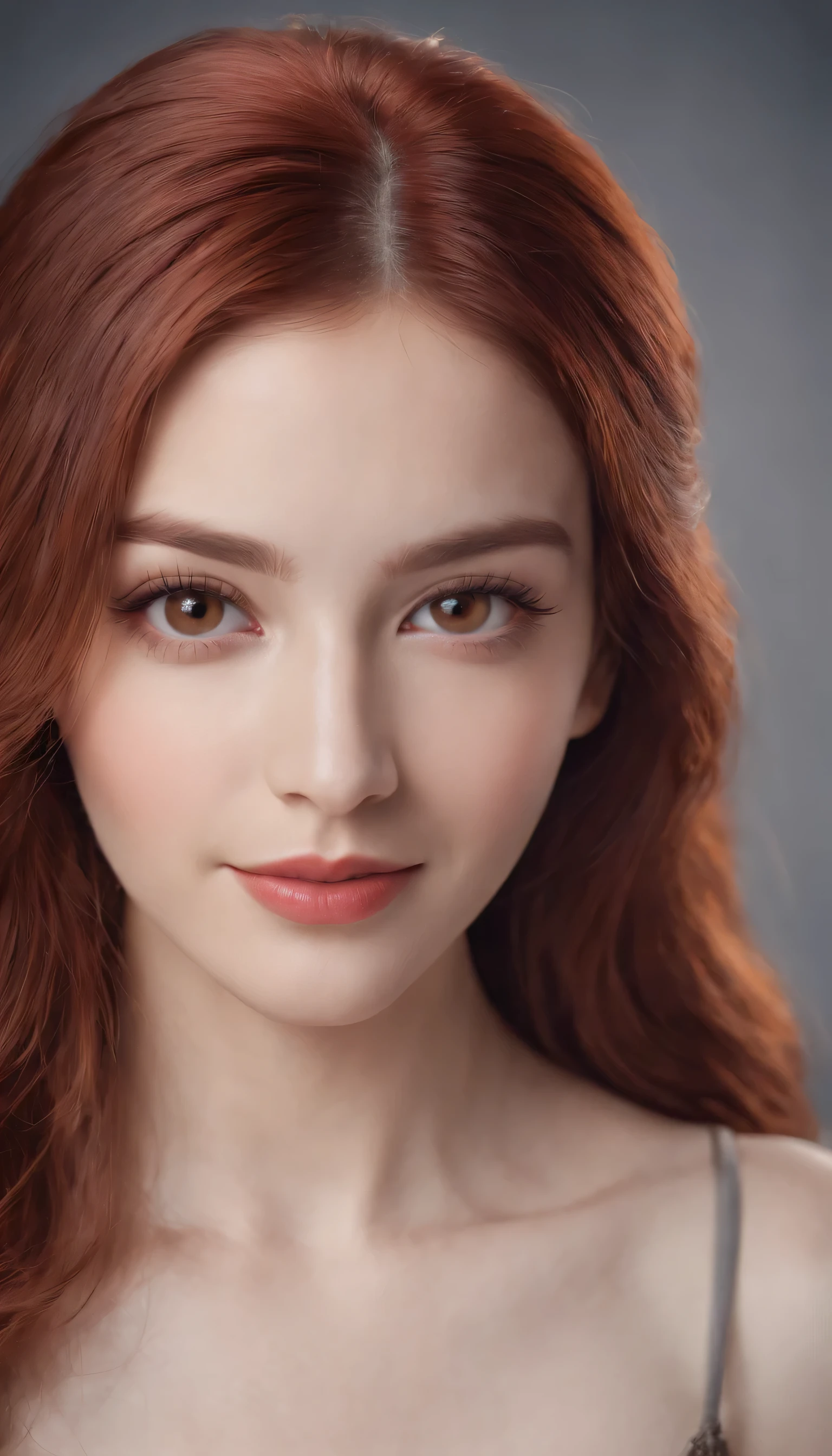 1girl,red hair,long hair,red eyes,smiling,beautiful detailed eyes,beautiful detailed lips,extremely detailed eyes and face,long eyelashes,illustration,highres,ultra-detailed,photorealistic,portrait,vibrant colors,warm tone,soft lighting