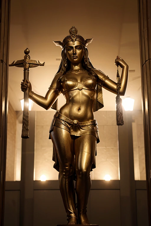 A photograph photorealistic realism, a brass statuette of a female warrior with a key for a sword, in a haunted horror mansion