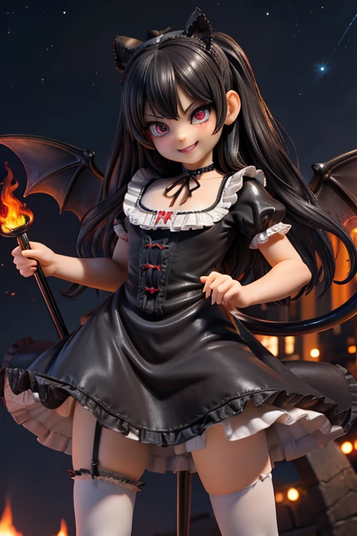 Ultra-realistic 8k CG, masterpiece, best quality, (photorealistic:1.4), absurdres, extremely detailed, real hair, a demon-girl smiling, red lipstick, red smokey eyes make up, showing fang, black hair,  dress, (white stockings), black ((mary jane Loliumps)), tail, black wings, devil horns, looking at viewer, reflective, crawling toward viewer, night castle, night sky, life-like, horror scene, dark setting,