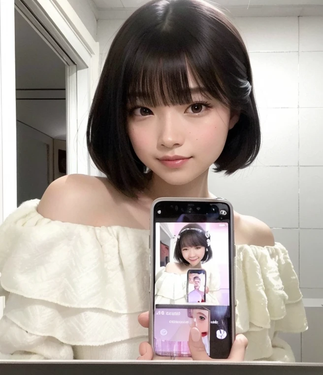 there is a woman taking a selfie in the mirror, fotografia selfie 8k, o corte Hime, com cabelo curto, penteado com corte hime branco, modelo de youtuber virtual live2d, shikami, selfie de uma jovem, corte de cabelo preto hime, Lalisa Manobal, perfect android girl, sakimichan, modelo do instagram, facing-camera