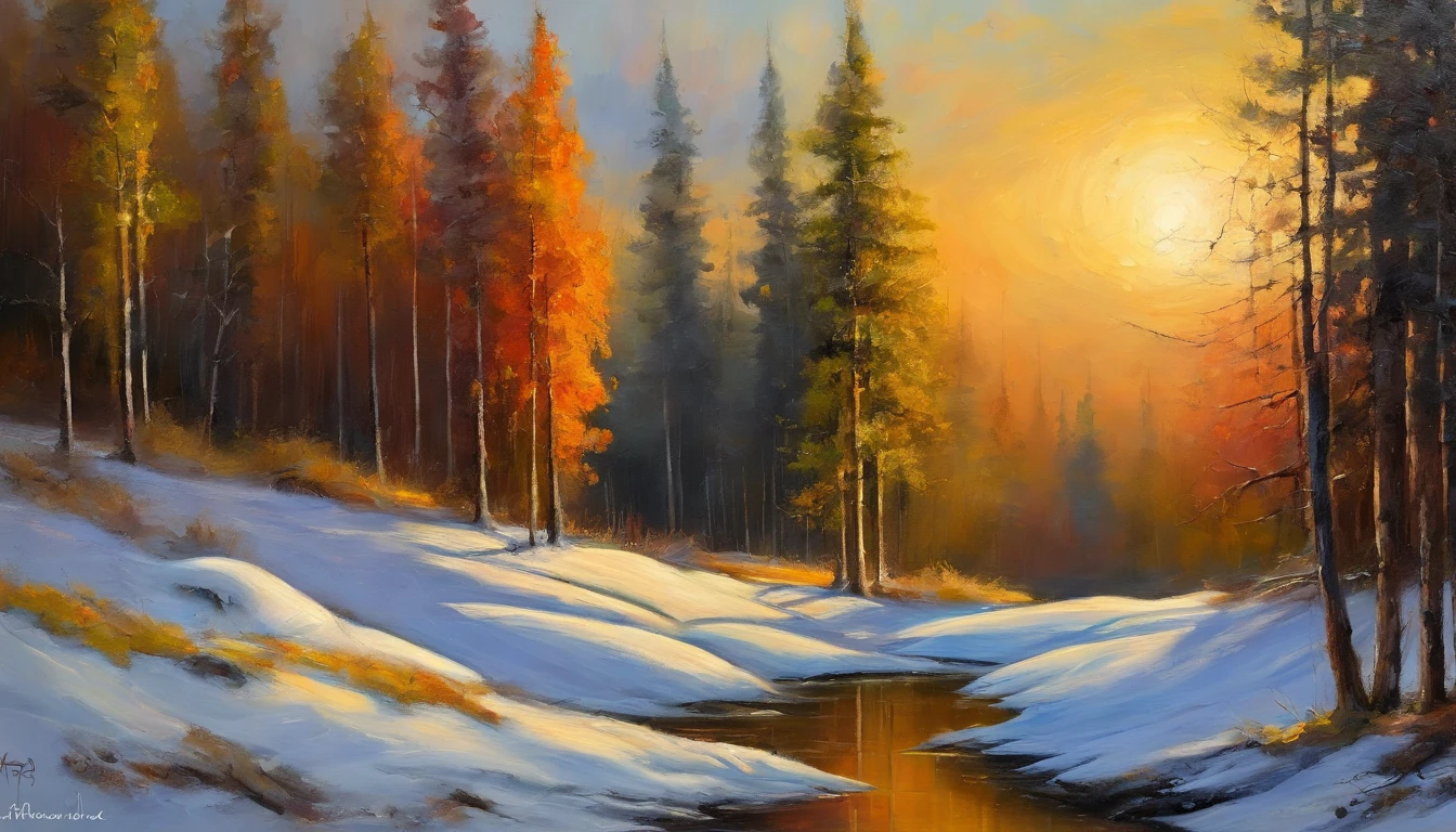 ultra-detailed, mountain scape, Tall trees, nubes esponjosas, nieve brillante, colores vivos, surrealismo, puesta de sol dorada, luz suave, texturas detalladas, photographic quality, HDR, realistic painting in high resolution, detalle extremadamente llamativo.