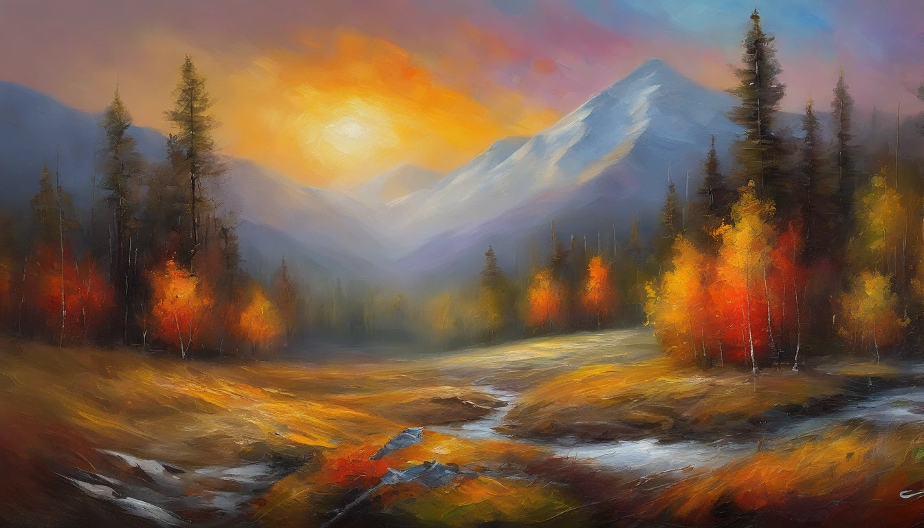 ultra-detailed, mountain scape, Tall trees, nubes esponjosas, nieve brillante, colores vivos, surrealismo, puesta de sol dorada, luz suave, texturas detalladas, photographic quality, HDR, realistic painting in high resolution, detalle extremadamente llamativo.