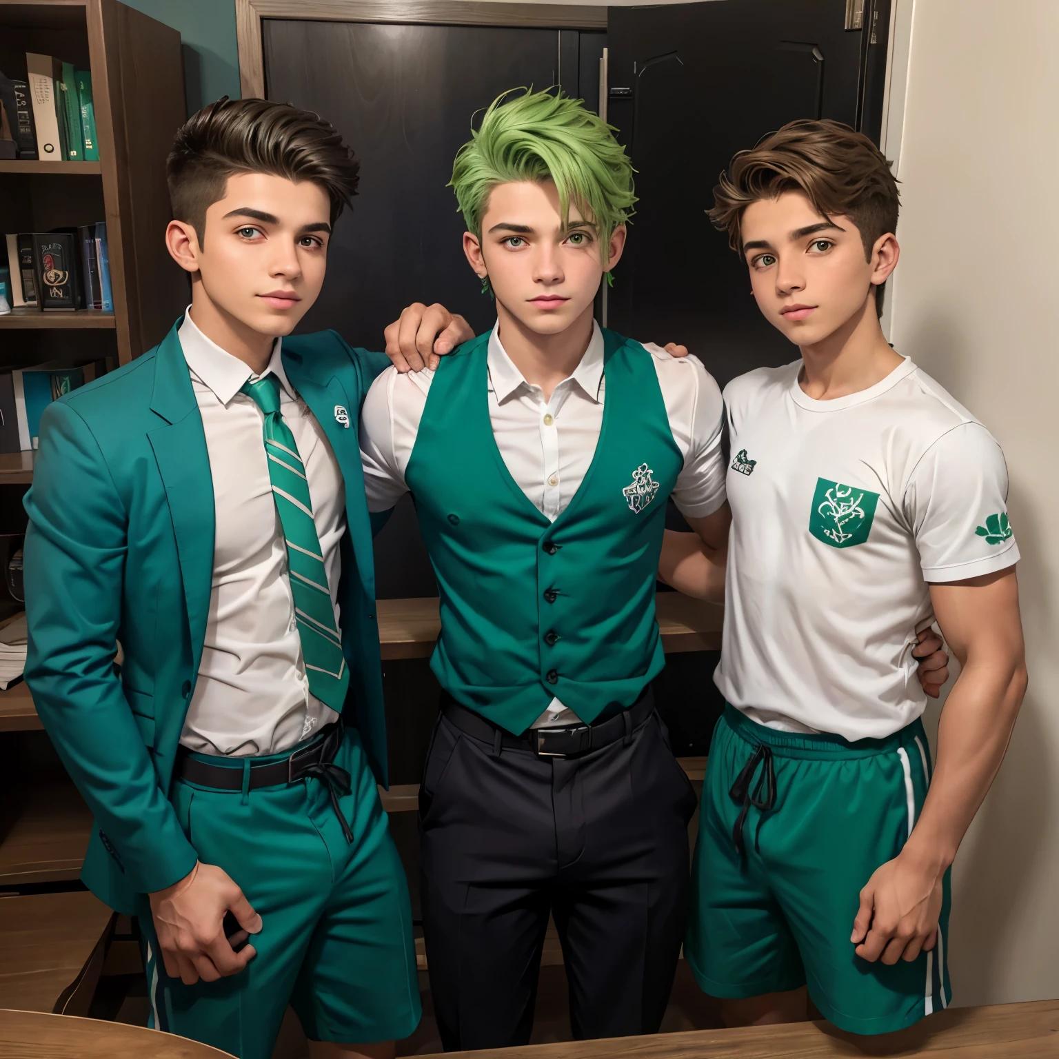 Hay 3 chicos guapos enelsalon de la secundaria hablando preocupados sobre algo que sucedera, estan tensos pensativos preocupados tienen cabelo  color verde ojos color verde su ropa es de color azul, tienen 14 y 15 alos de edad
