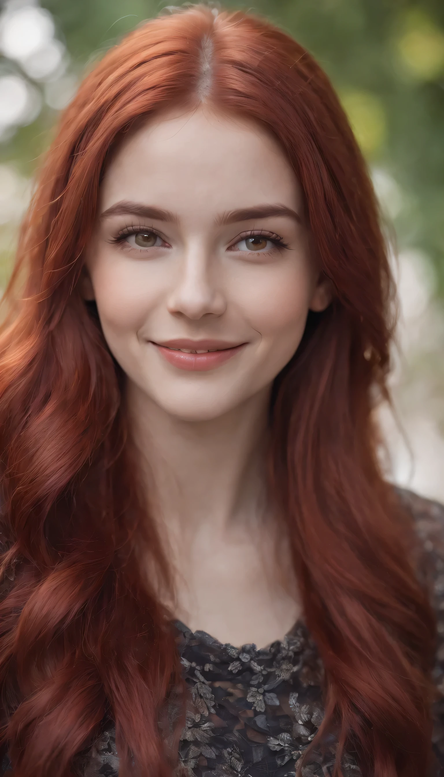 1girl, red hair, long hair, red eyes, smiling