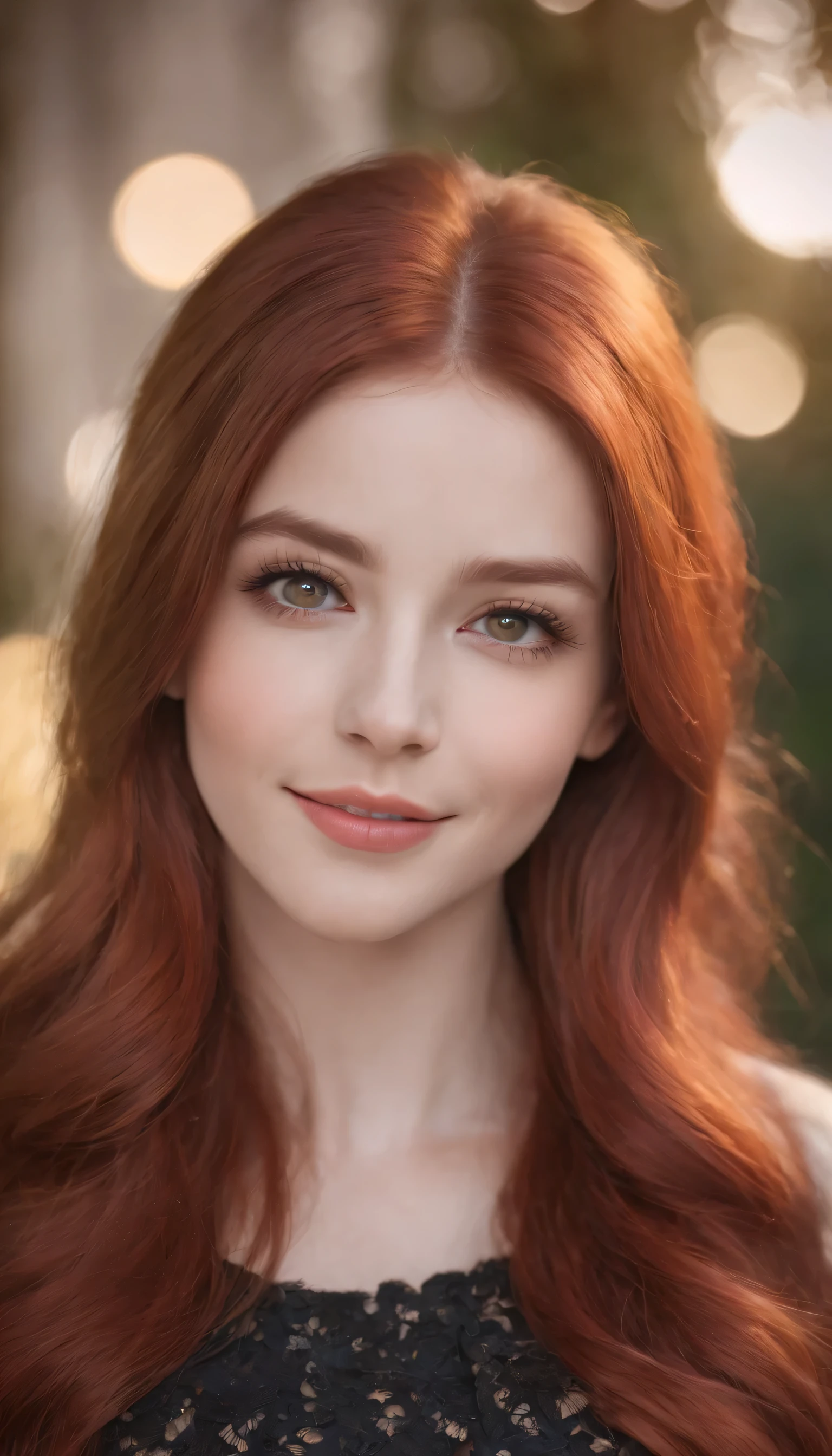 1girl,red hair,long hair,red eyes,smiling,beautiful detailed eyes,beautiful detailed lips,extremely detailed eyes and face,long eyelashes,illustration,highres,ultra-detailed,photorealistic,portrait,vibrant colors,warm tone,soft lighting