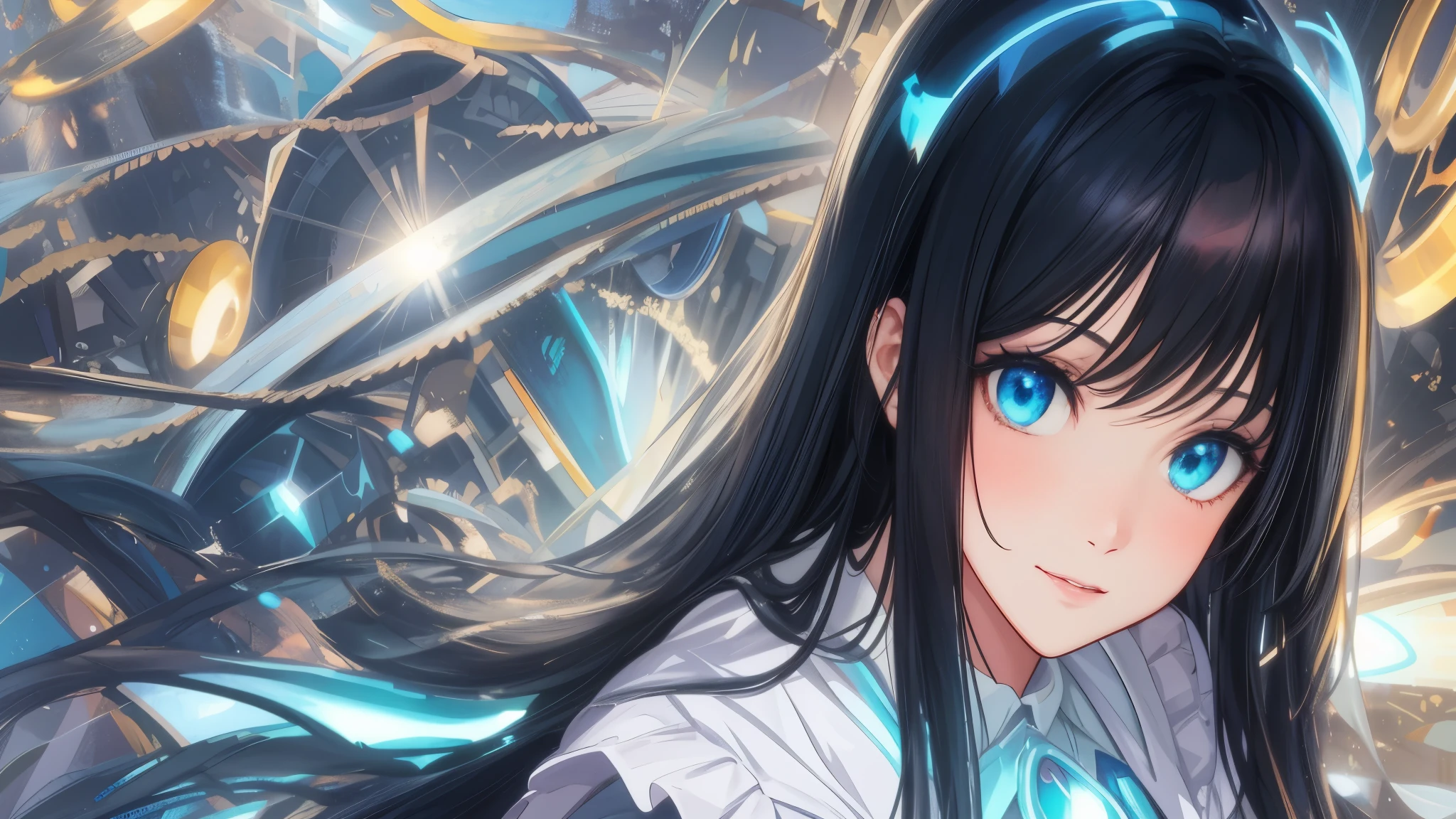 Chica anime con largo cabello negro y ojos azules frente a un fondo., estilo anime 4k, detailed arte animado digital, Fondo de pantalla de arte anime 4k, Fondo de pantalla de arte anime 4K, El mejor fondo de pantalla de anime 4k konachan, arte de anime clave detallado, Fondo de pantalla animado 4K, advanced arte animado digital, fondo de pantalla de arte anime 8 k, arte animado digital, high definition anime art