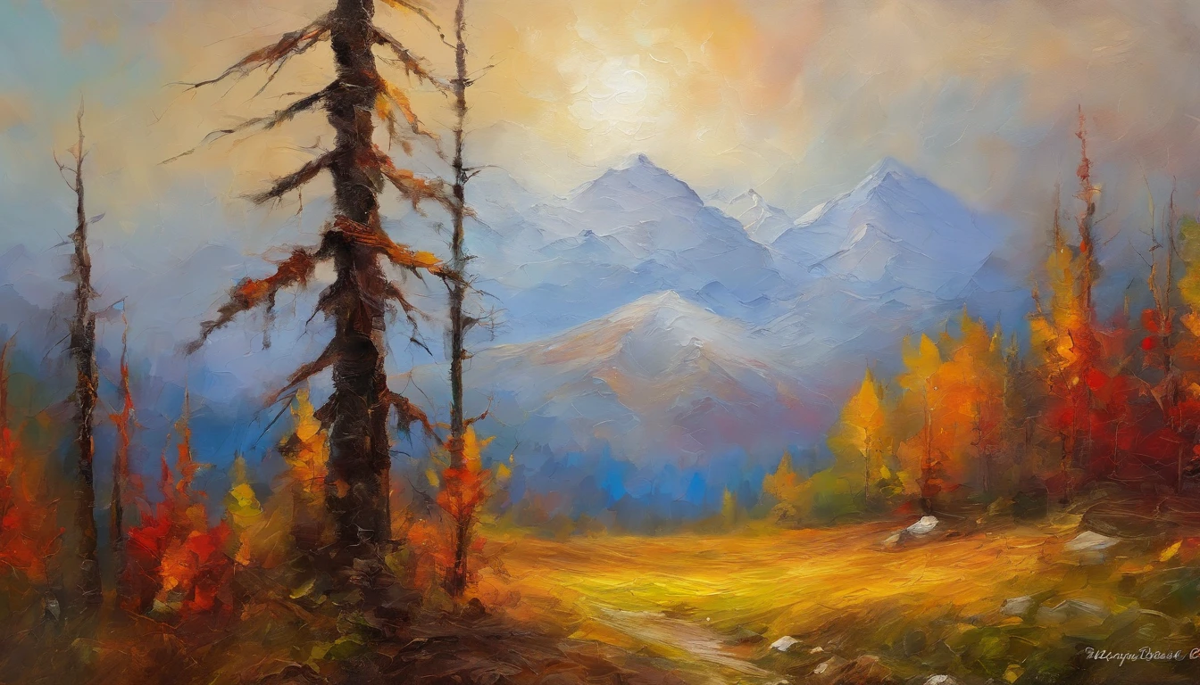 ultra-detailed, mountain scape, Tall trees, nubes esponjosas, nieve brillante, colores vivos, surrealismo, puesta de sol dorada, luz suave, texturas detalladas, photographic quality, HDR, realistic painting in high resolution, detalle extremadamente llamativo.