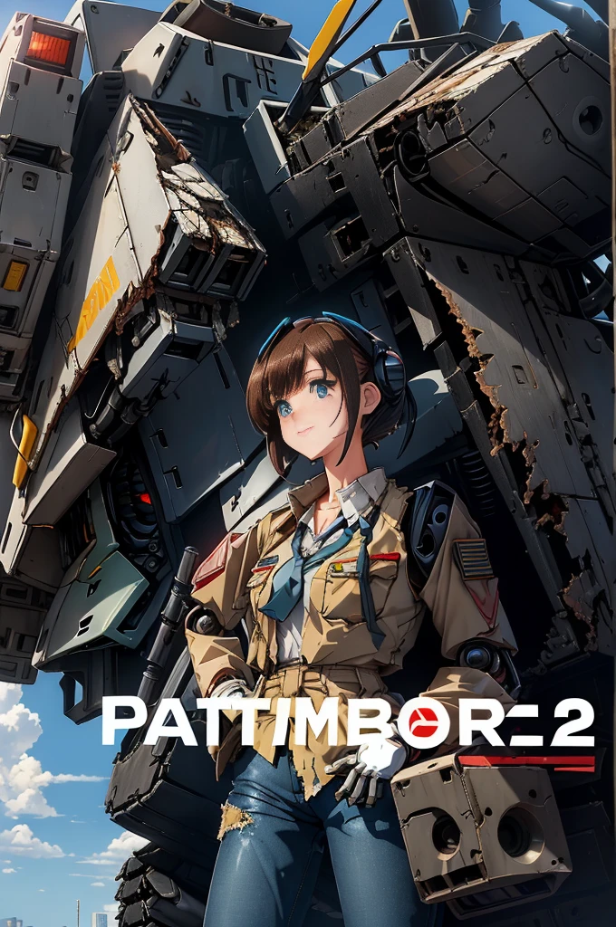((ground_destroyed robot from Patlabor, destroyed civil robot from Patlabor, Ingram of Patlabor))++, brown_hair, jacket, sitting, gloves, long_sleeves, pants, patlabor, 1girl, sky, necktie, yellow_neckwear, riding, shirt, outdoors, police_uniform, collared_shirt, vest, bangs, day, police, smile, white_shirt, blue_sky, standing, shoes, short_hair, blue_jacket, city, from_side, looking_down, headwear_removed, straddling, oldschool, black_footwear, ((patlabor_uniform, gun, blue_background, shadow, white_gloves, giant robot, science_fiction, blue_pants, boots, bowtie, 1990s_(style), holding, looking_away, open_clothes, black_neckwear, closed_mouth, police woman, open_jacket, blazer, wing_collar, cloud, looking_afar, black_jacket, Ingram of Patlabor in backgroud, destroyed robot in backgroud, destroyed robot from Patlabor))