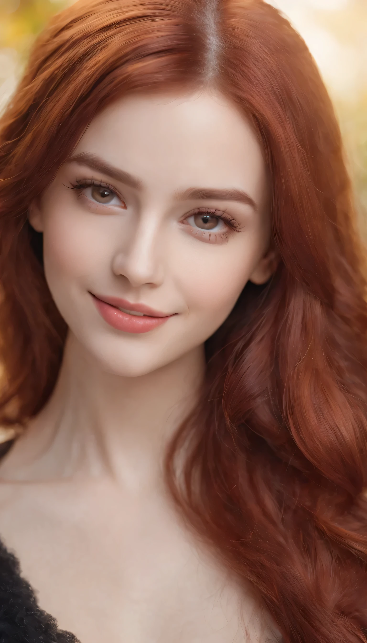 1girl,red hair,long hair,red eyes,smiling,beautiful detailed eyes,beautiful detailed lips,extremely detailed eyes and face,long eyelashes,illustration,highres,ultra-detailed,photorealistic,portrait,vibrant colors,warm tone,soft lighting