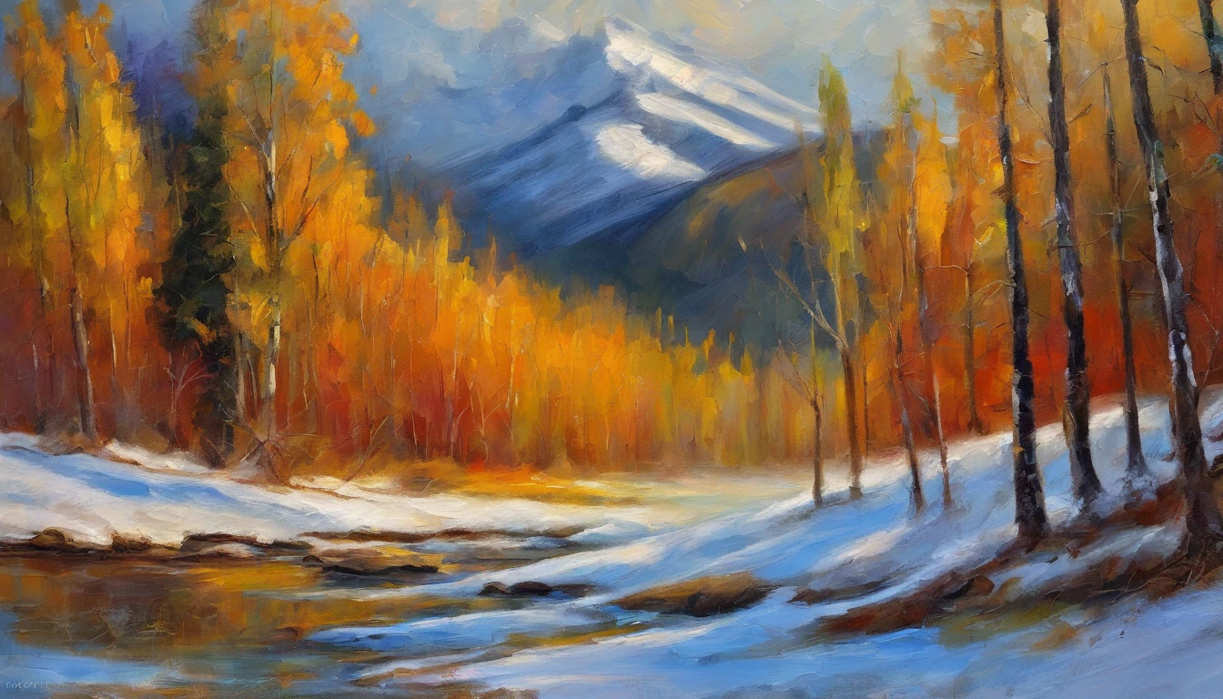 ultra-detailed, mountain scape, Tall trees, nubes esponjosas, nieve brillante, colores vivos, surrealismo, puesta de sol dorada, luz suave, texturas detalladas, photographic quality, HDR, realistic painting in high resolution, detalle extremadamente llamativo.con caballos salvajes