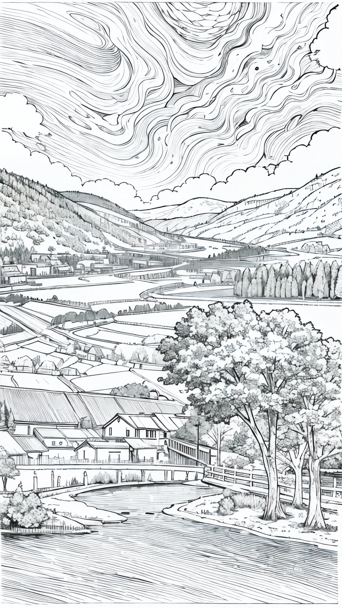 Forest,village,lake,Sky,line drawing,