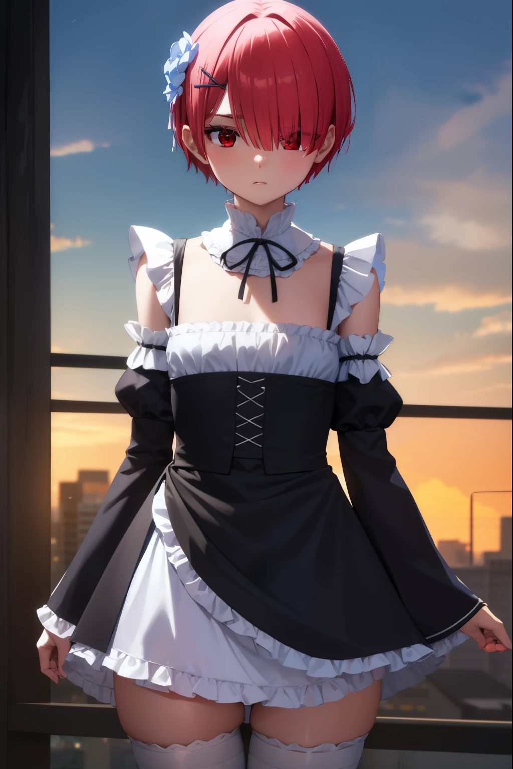 rezerowent, went, hair flower, hair ornament, Hair over one eye, pink hair, (Red eyes:1.5), short hair, x hair ornament, Bang, blunt Bang, (flat chest:1.2),
BREAK apron, black a gift, black dress, black tape, a gift, cut off sleeves, dress, frilled apron, frilled sleeves, frill, juliet sleeves, long sleeves, maid, neck tape, puffy sleeves, tape, roswaal mansion maid uniform, thigh high, two-tone dress, waist apron, white a gift, white dress, white thigh high,
BREAK outdoors, city,
BREAK looking at viewer, (cowboy shot:1.5),
BREAK (masterpiece:1.2), Best quality, a high resolution, Unity 8k Wallpaper, (illustration:0.8), (beautiful detailed eyes:1.6), very detailed face, perfect lighting, Extremely detailed computer graphics, (perfect hands, perfect anatomy),