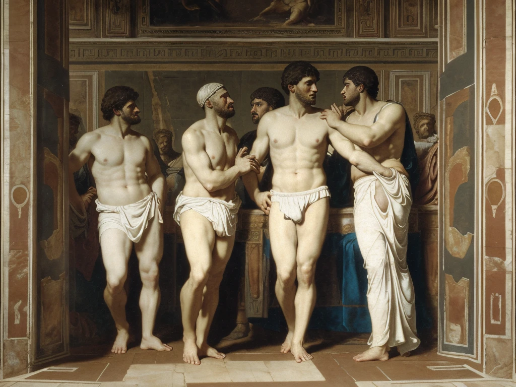 standing pose, oil painting, oil on canvas, ((five Roman Men kissing)), 5 males, 5men, 35 years, ((white briefs, bulge)), lovers, intimate, naked, ancient Rome, Epic, centered, perfect composition, canvas texture, Baroque style, Greek opulence, opulent background, by Alexandre Cabanel