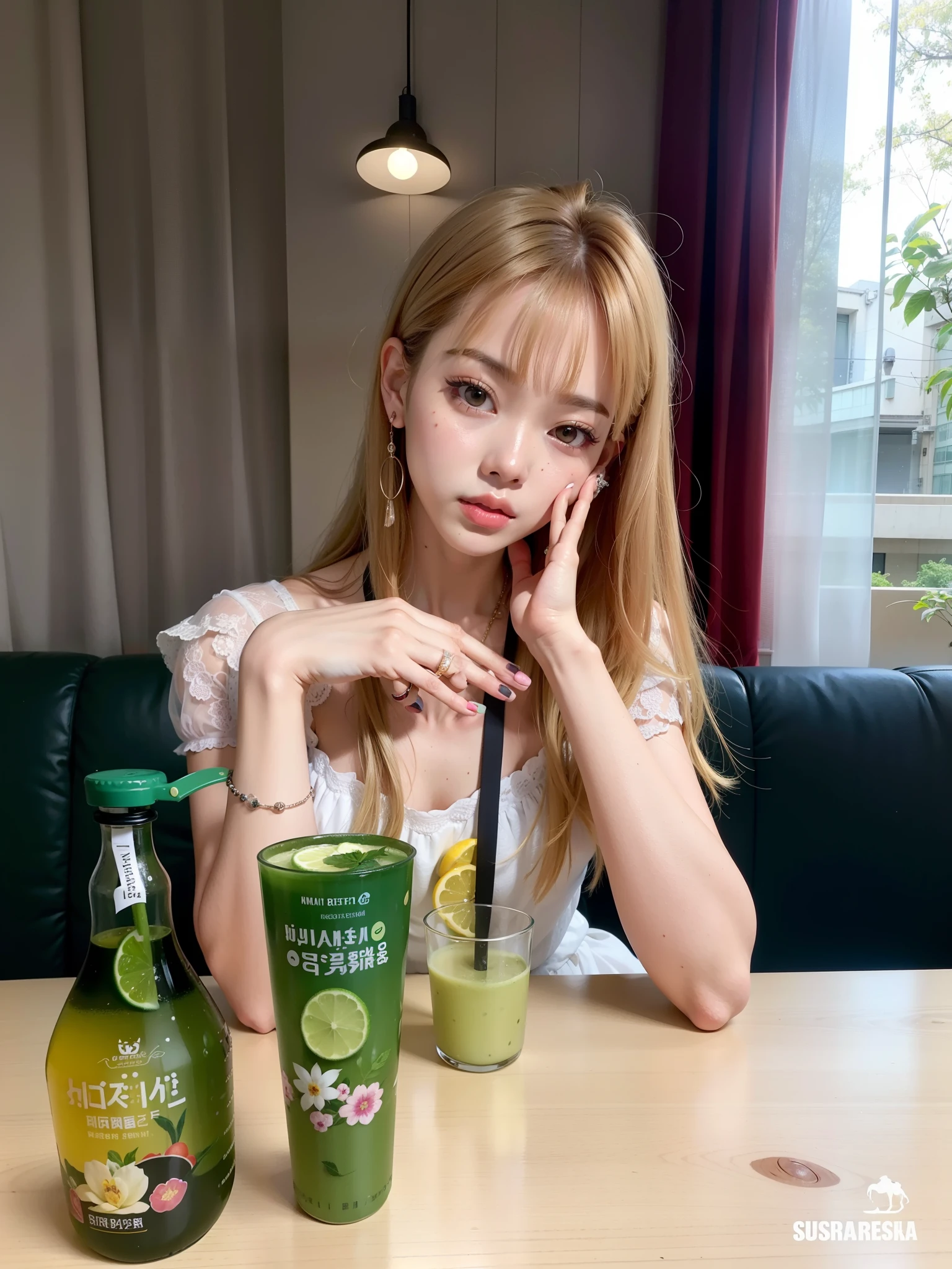 Blonde slant-eyed gal eating soft serve ice cream indoors