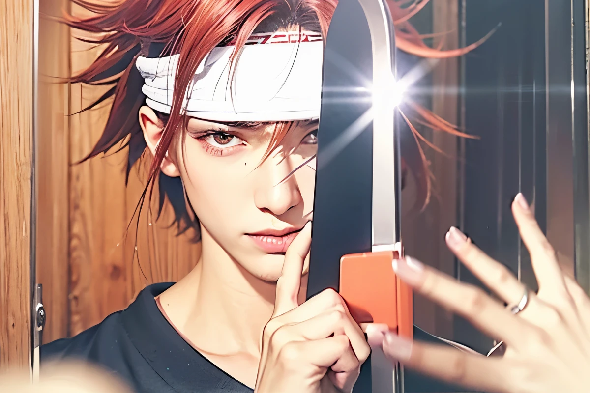 close up image,((best quality)), ((masterpiece)), (detailed), perfect face, a person holding a knife in his hand, Soma Yukihira, orange haired boy, with index finger, shikanosuke yagaki, shuushuu image, akiyuki shinbou , handsome Japanese demon boy, Soma Yukihira, male,