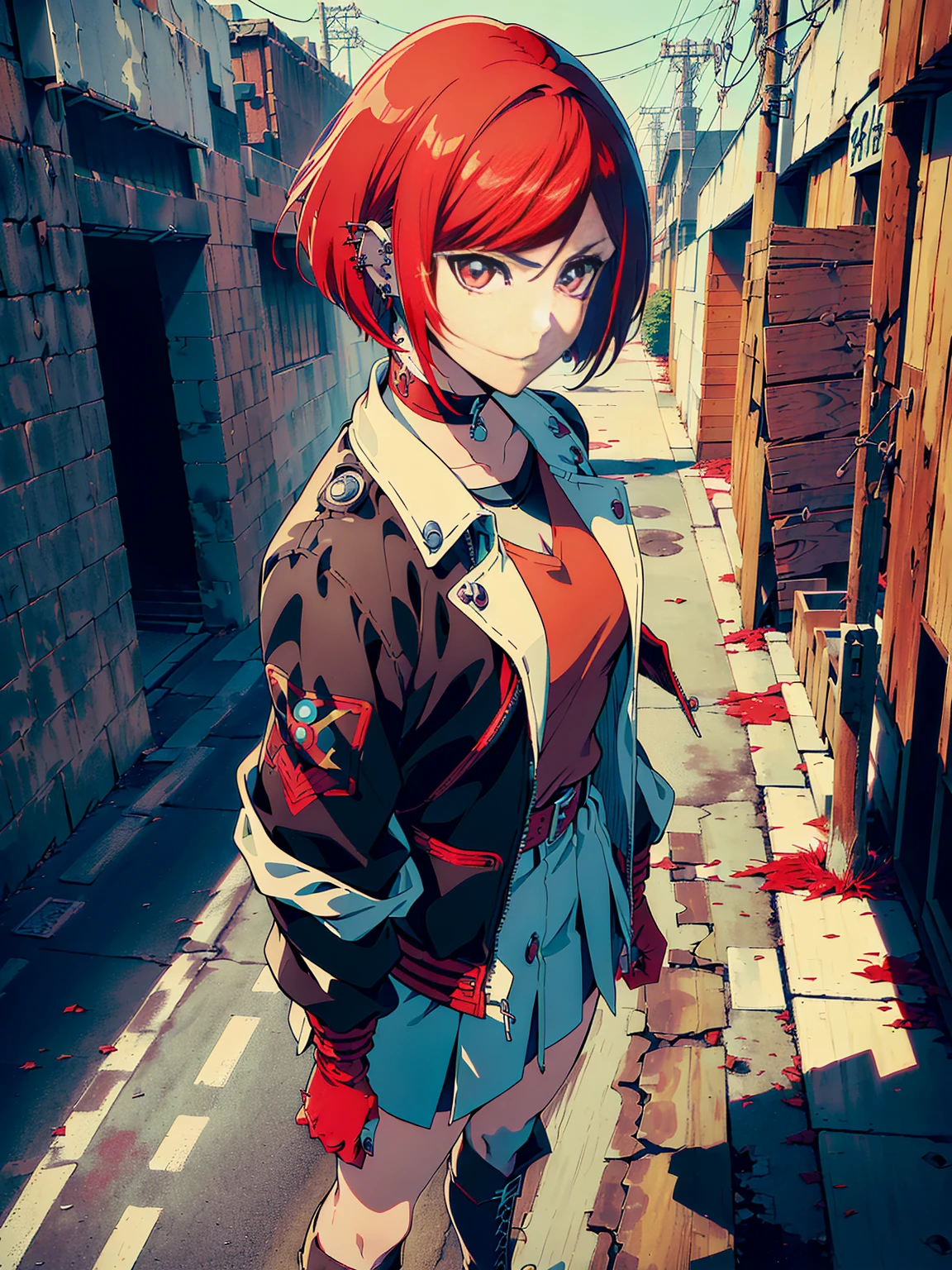 in the art style of persona5 and in the art style of street of rage 4, delinquent, (sukeban), mature_female, blush, mature, older woman, 25 years old, Sukeban teacher outfit, ((((1girl, solo female, solo, solo focus:1,9)))++++, choker, sukeban teacher, sukeban fighter, long_sleeves, open jacket, blue jacket,( jean)+++, light skin tone female, (full body)+++++, jacket, biker jacket, tape, arm_support, gloves, red_gloves, bridal gauntlets, nail polish, boots, black_footwear, fighter outfit, (full body)+++++++, hourglass, mature face, cheeky smile, cheeky face, wrinkles, (((((red hair, short hair, bob cut, earrings, ear piercings)))), red eyeighting art, Martial arts, standing, fighting_stance, fight, fighting), extra colors, 2D, megapixel, perfectionism, accent lighting, full HD , (Masterpiece:1.2), (full-body-shot:1),(cowboy shot:1.2), (Highly detailed:1.2),(anime Detailed Face:1.2), Colorful, A detailed eye, (Detailed landscape:1.2), (natural lighting:1.2), ((sukeban school teacher)) by Vincent Di Fate: Aidyllery, Anamorphic Shot, rule of thirds, face by Artgerm and WLOP, ((street of rage 4 city backround)), fictive city backround in the style art of street of rage 4,