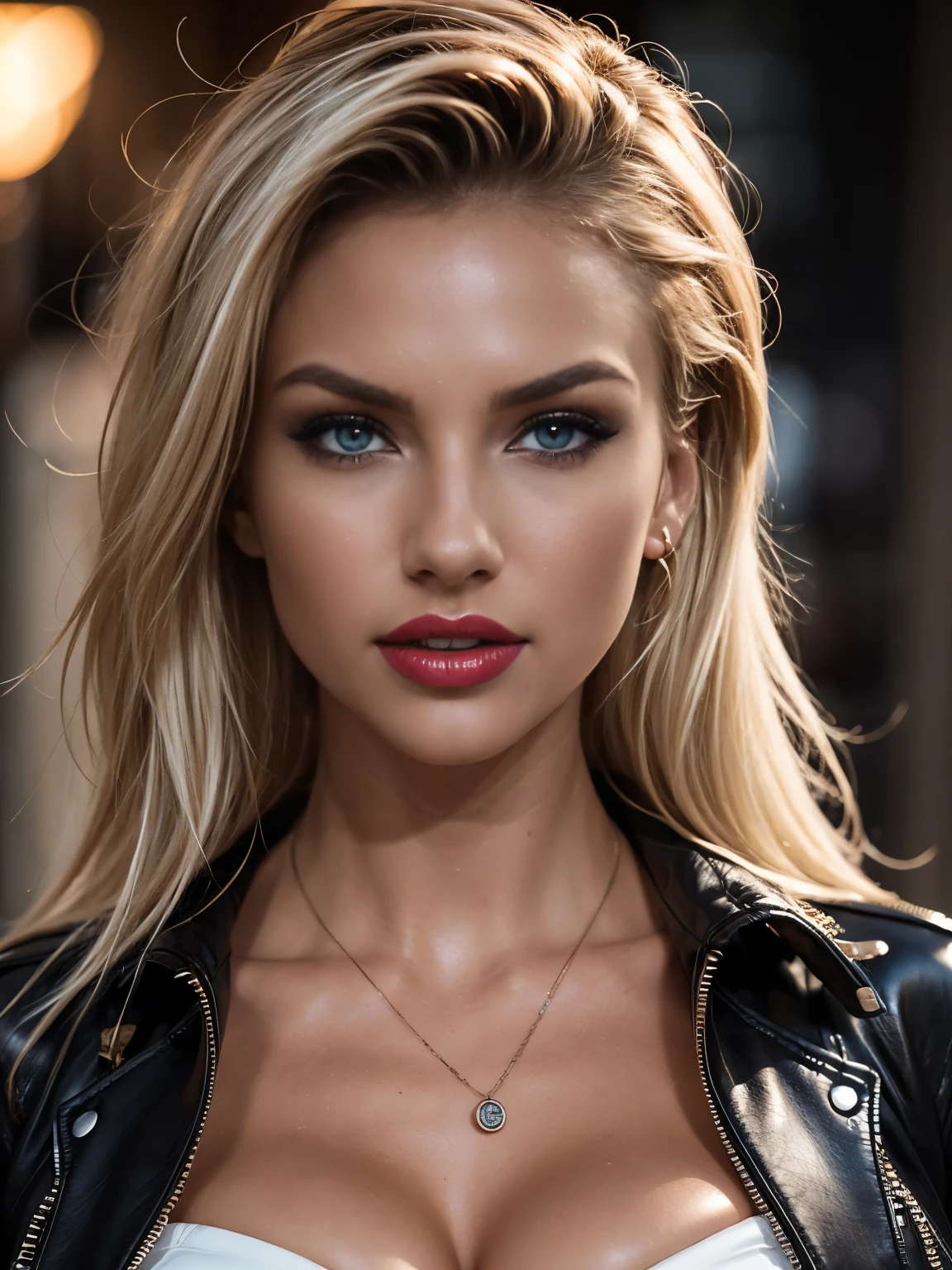(masutepiece, Best Quality), ultra-detailliert, Photorealsitic, a blond, beautiful female model (looks similar ot Candice Swanepoel), ((Coordinating sexy leather jackets)), open-shirt, high-heels, a necklace, Ring Accessories, Wavy Hair, Perfect face, Beautiful face, enticing, big gorgeous eyes, blue eyess, heavy make up, red-lips, Dark Eye Makeup, seducting smile, Glamorous body, Voluptuous body, Big ass, Night city, suggestive pose