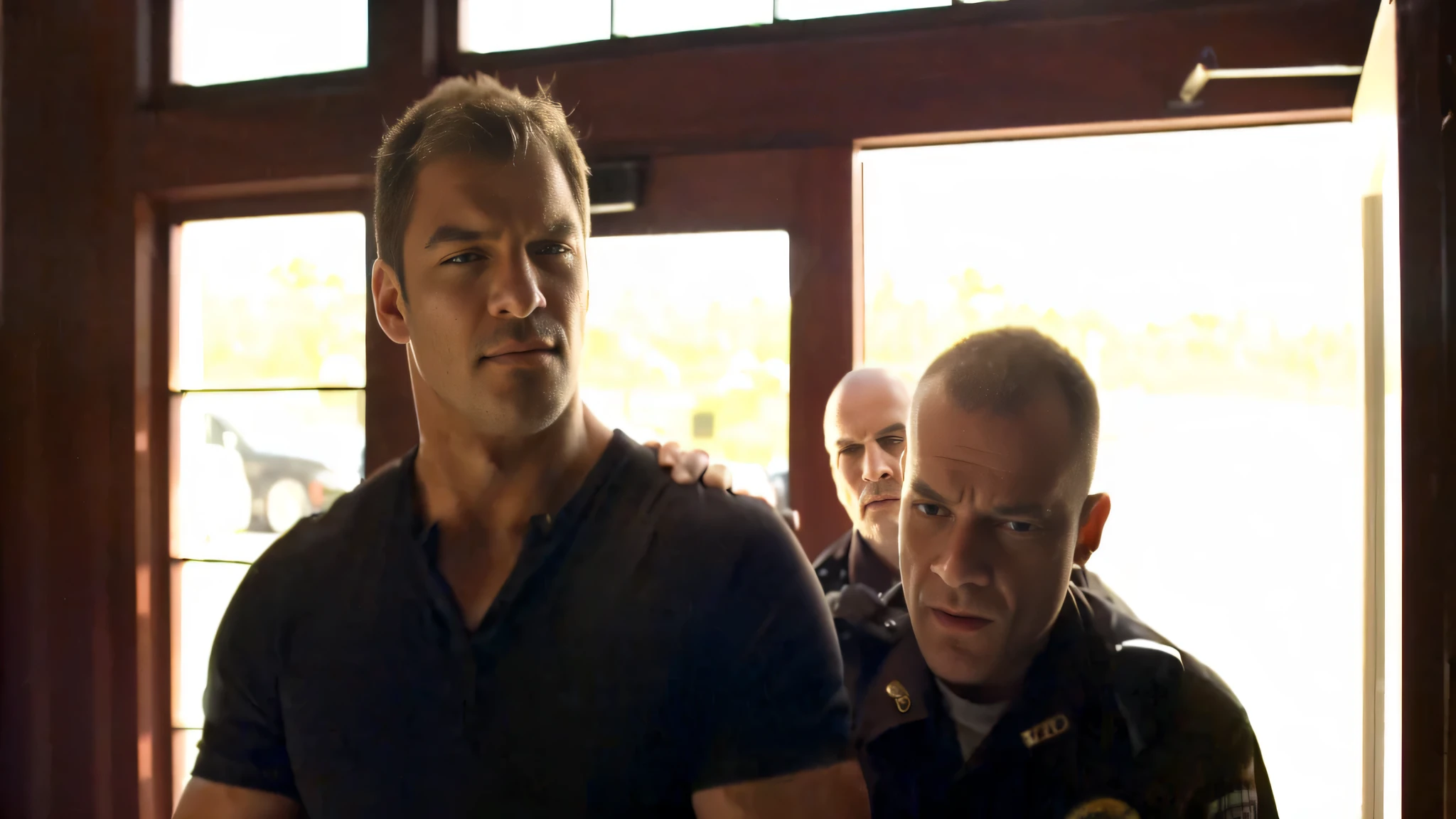 there are two men standing in a room with a police officer, favorite scene, best scene, movie screencap, still image from tv series, episode still, nbc, extreme drama, episode, full scene shot, looking menacing, movie screenshot, documentary still, igla movie shot, still shot from movie, wonderful scene, intense knowledge, powerful scene