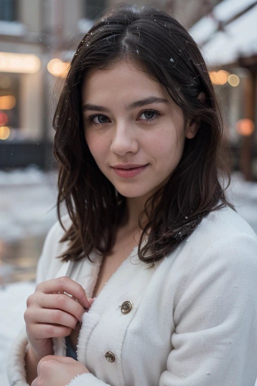 cinematic photo 1girl, smile, snow, 35mm photograph, film, bokeh, highly detailed, (realistic, photorealistic, RAWphoto:1.4), (best quality, masterpiece, Representative work, official art, Professional, 8k:1.3)