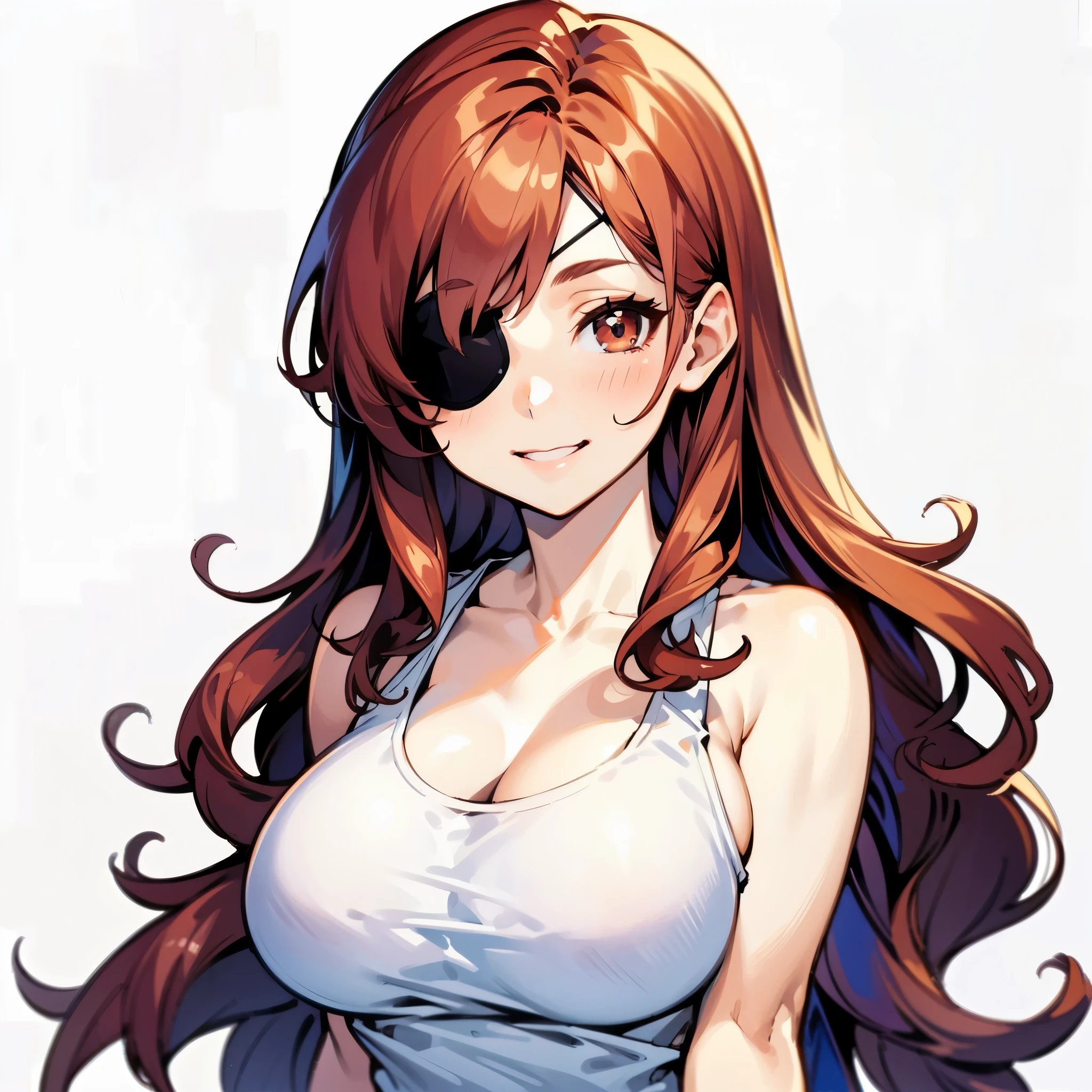 1woman, long wavy reddish brown hair, brown eyes, eyepatch, big breast, white tank top, smile, solo, best quality, masterpiece, portrait, simple background, looking at the camera, from the front, detailed, perfect anatomy, detailed art, high definition, 4k, high resolution