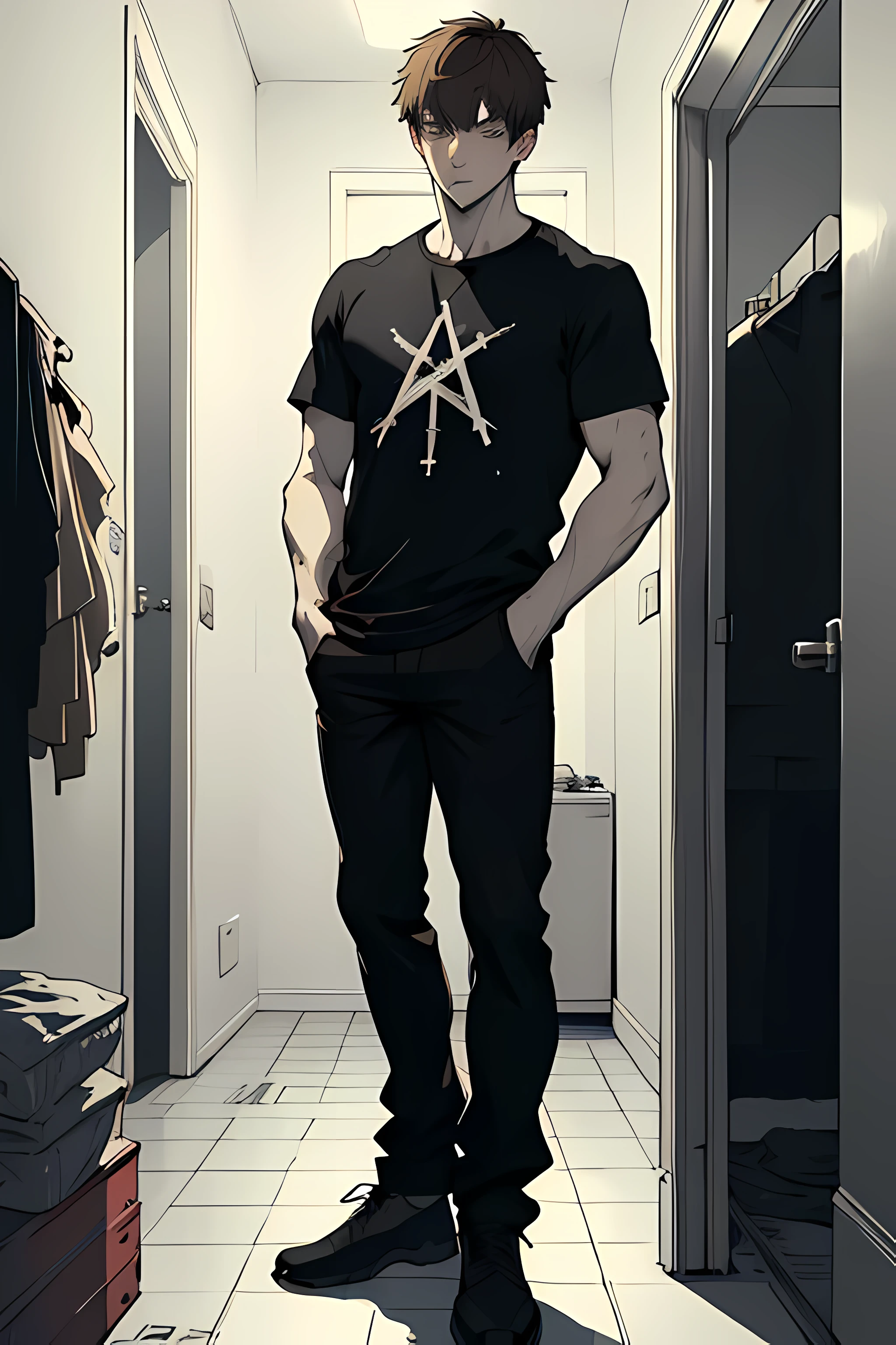 (masterpiece),(Best quality:1.0), (ultra high resolution:1.0), detailed illustration, 1 boy, Standing in the doorway, dark apartment background, pale skin, physical weakness, high altitude, dull brown short hair, Bangs on the eyes, cigarette in your mouth, black T-shirt with cross, black trousers, hands in pockets, anime style, Anime art, bright, detailed, detailed eyes, black students, Perfect eyes