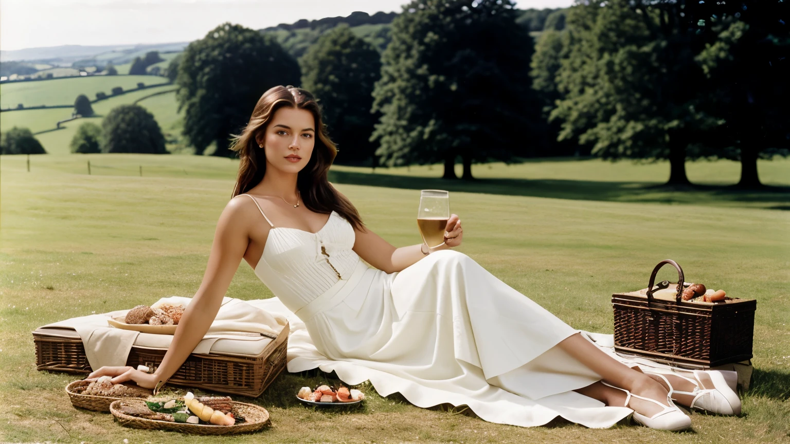 Ralph Lauren Advertisement from the 90s, young elegant women makes a picknick in the afternoon sun sourrounded by the english countryside.