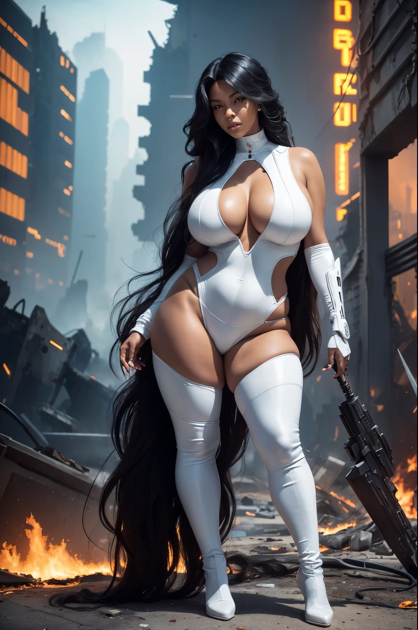 best quality)), ((artwork)), (detailed:1.4) an image of a woman (Black Woman) (cyberpunk cyborg), cyberpunk superheroine, (flowing hair:1.5), (strong wind in hair), very long hair, ((Wear white leather clothing that fits your body)), sitting on a rock in the ruins of a futuristic city with neon lights, (battlefield on fire), (ruins on fire:1.5), perfect body, perfect face, perfect hands, perfect fingers, perfect lips, perfect eyes, rule of thirds,8K RAW,(curvY:1.3), (FULL BODY :1.2), (BIG BREASTS:1.2), (sexy:1.3), (FROM front:1.2),