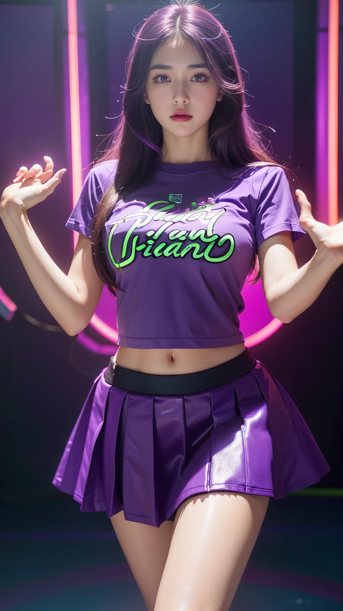 8K, ultra HD, masterpiece, 1 girl, good face, loong hair, detailed eyes, detailed lips, (perfect beautiful Curved figure), (half sports t-shirt:1.5), (purple color:1.5), (plated spreading skirt:1.5), computer graphics room, (neon lights:1.5), LED screen, ground reflection, RTX4090,