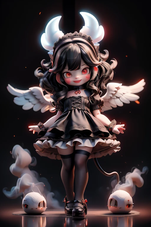 Ultra-realistic 8k CG, masterpiece, best quality, (photorealistic:1.4), absurdres, extremely detailed, real hair, a demon-girl smiling, red lipstick, red smokey eyes make up, showing fang, black hair, teen dress, (white stockings), black (mary jane Lolita pumps), tail, black wings, devil horns, looking at viewer, reflective, crawling toward viewer, night castle, night sky, life-like, horror scene, dark setting,