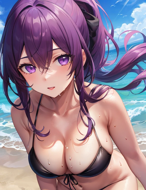 Model Shooting Style, (Masterpiece:1.3), (Absurdity:1.3), (Best Quality:1.3), (8K), (Masterpiece Digital Art), (Detailed Manga Illustration), (Handle Hair), Perfect Anatomy, (Complex Details :1.3), (Detailed Details:1.3), (Illustration:1.3), (Sharp Focus:1.3), (Vivid Color:1.3), 1 Girl, Solo, (Long Hair:1), ponytail, loose wavy hair part covers his face, hair between the eyes, (purple hair), purple eyes, floating hair, , seaside, black bikini, wet skin, sexy,fw, nude,