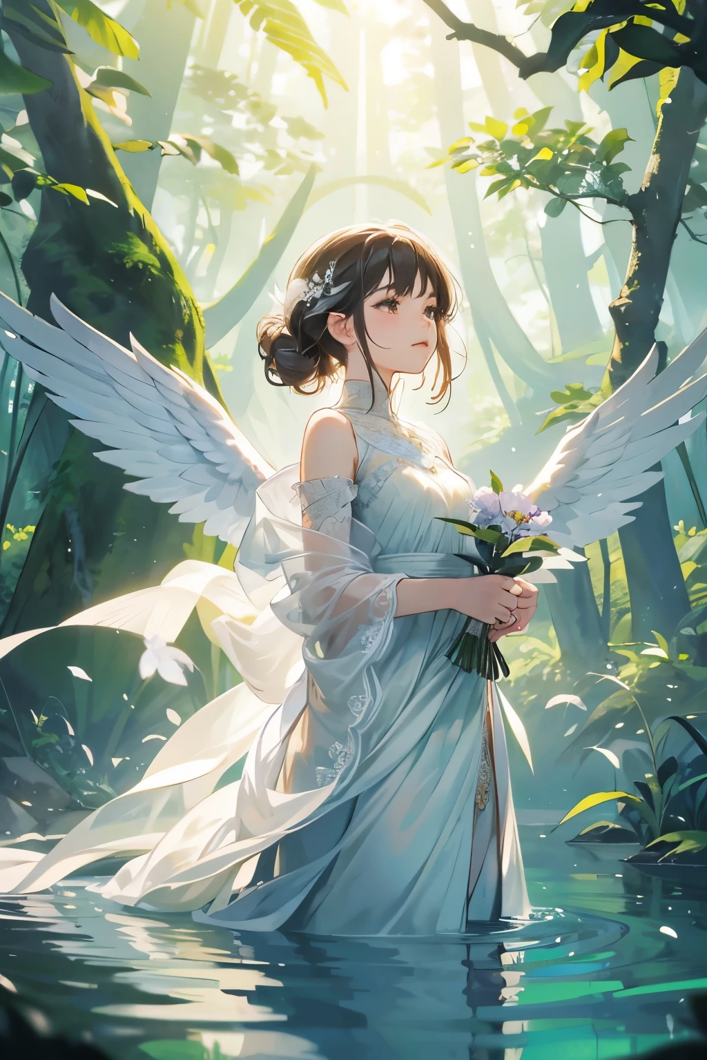 Masterpiece of art, best quality render, one girl posed, gazing upwards, cinematic shadows cast, feathers delicately fluttering around (1.2), wading through crystal-clear water, dressed in a delicate, white gown, holding a fragile flower closed to her chest, with eyes closed in peaceful contemplation, standing amongst a tree in the heart of a serene forest, bathed in sunlight filtering through the dense, green foliage, angelic wings spread wide and feathered, (1.2), an ethereal angel in nature's embrace.