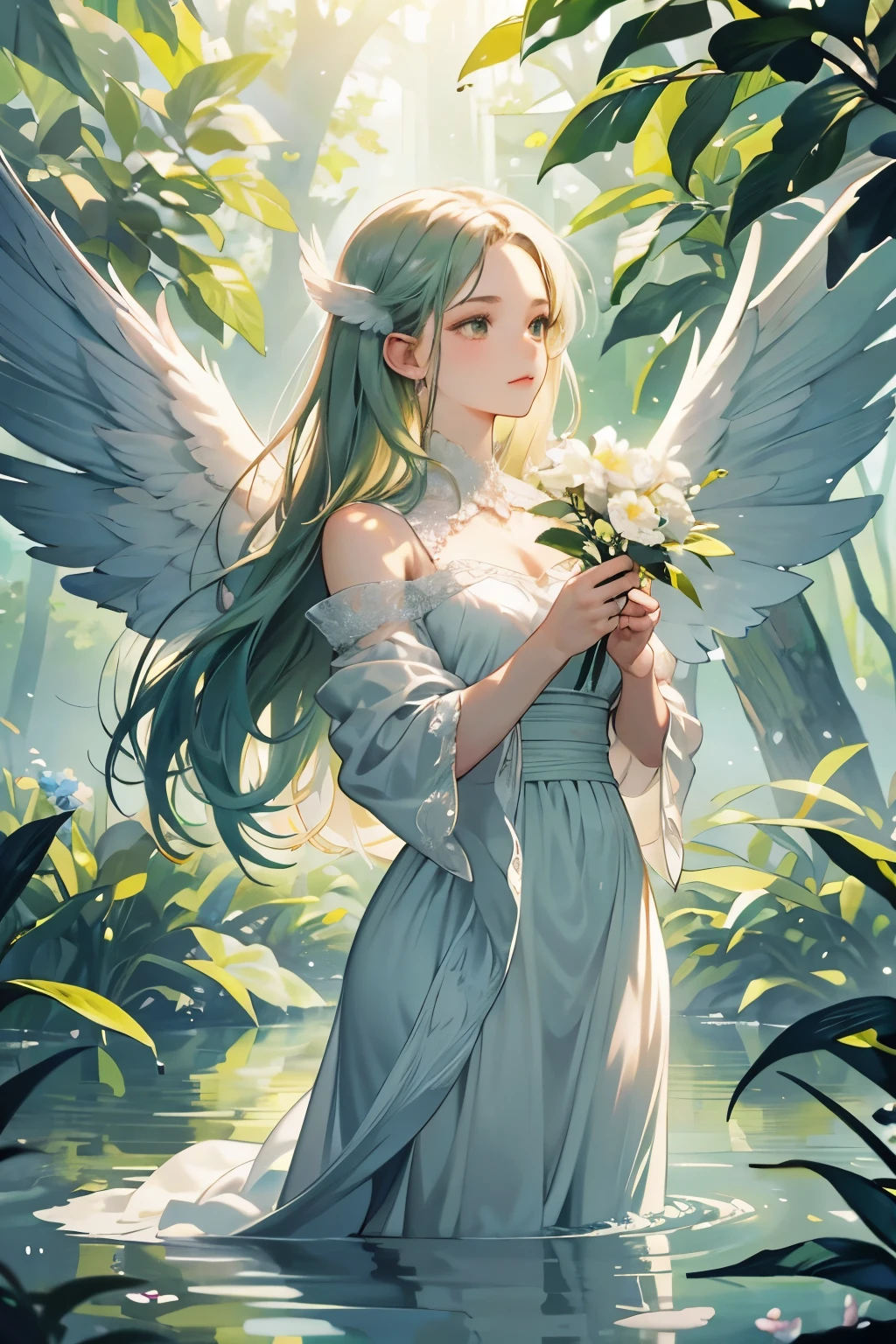 Masterpiece of art, best quality render, one girl posed, gazing upwards, cinematic shadows cast, feathers delicately fluttering around (1.2), wading through crystal-clear water, dressed in a delicate, white gown, holding a fragile flower closed to her chest, with eyes closed in peaceful contemplation, standing amongst a tree in the heart of a serene forest, bathed in sunlight filtering through the dense, green foliage, angelic wings spread wide and feathered, (1.2), an ethereal angel in nature's embrace.