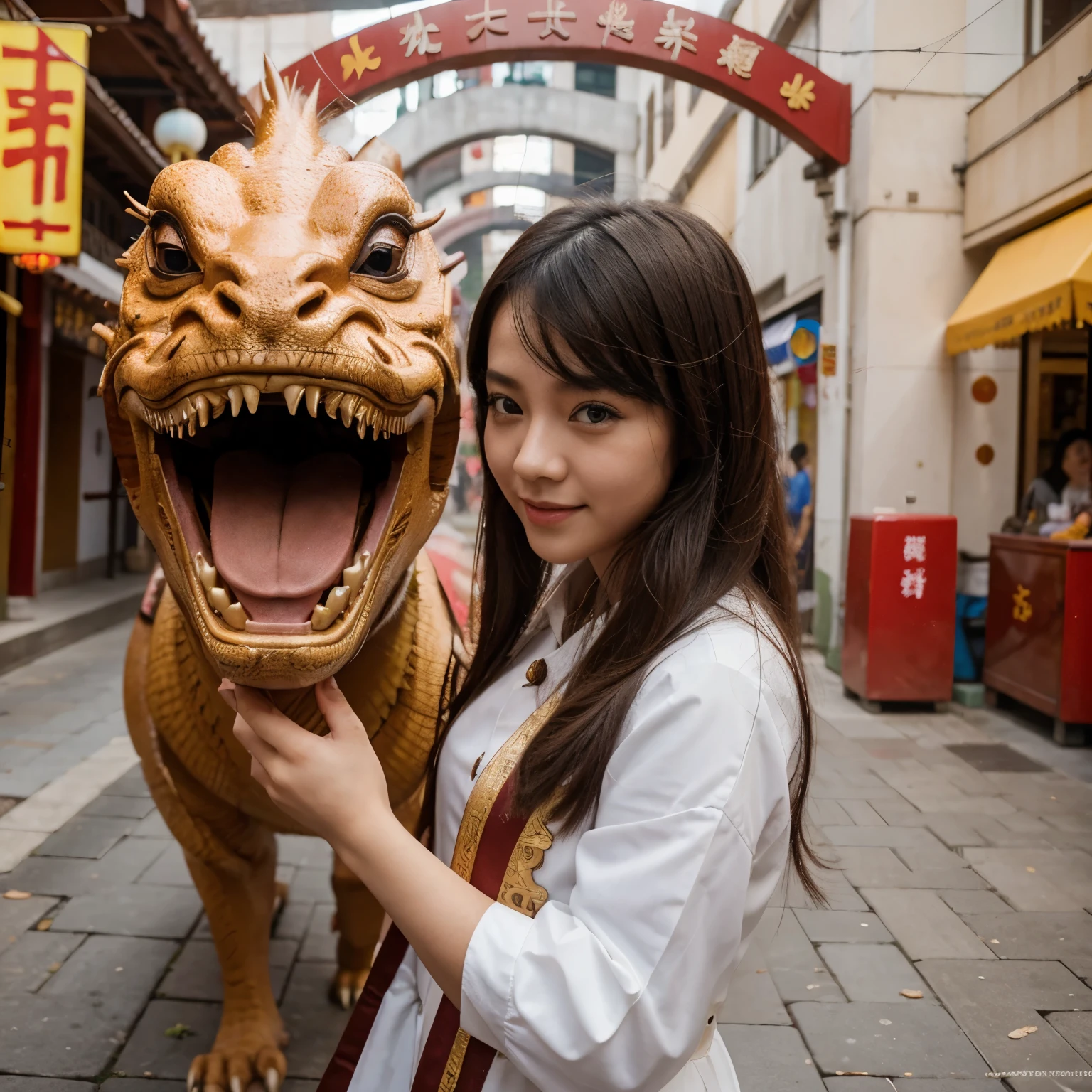 1girl, masterpiece, best quality, making friends with the Chinese dragon, fun, happy, bright, loong,