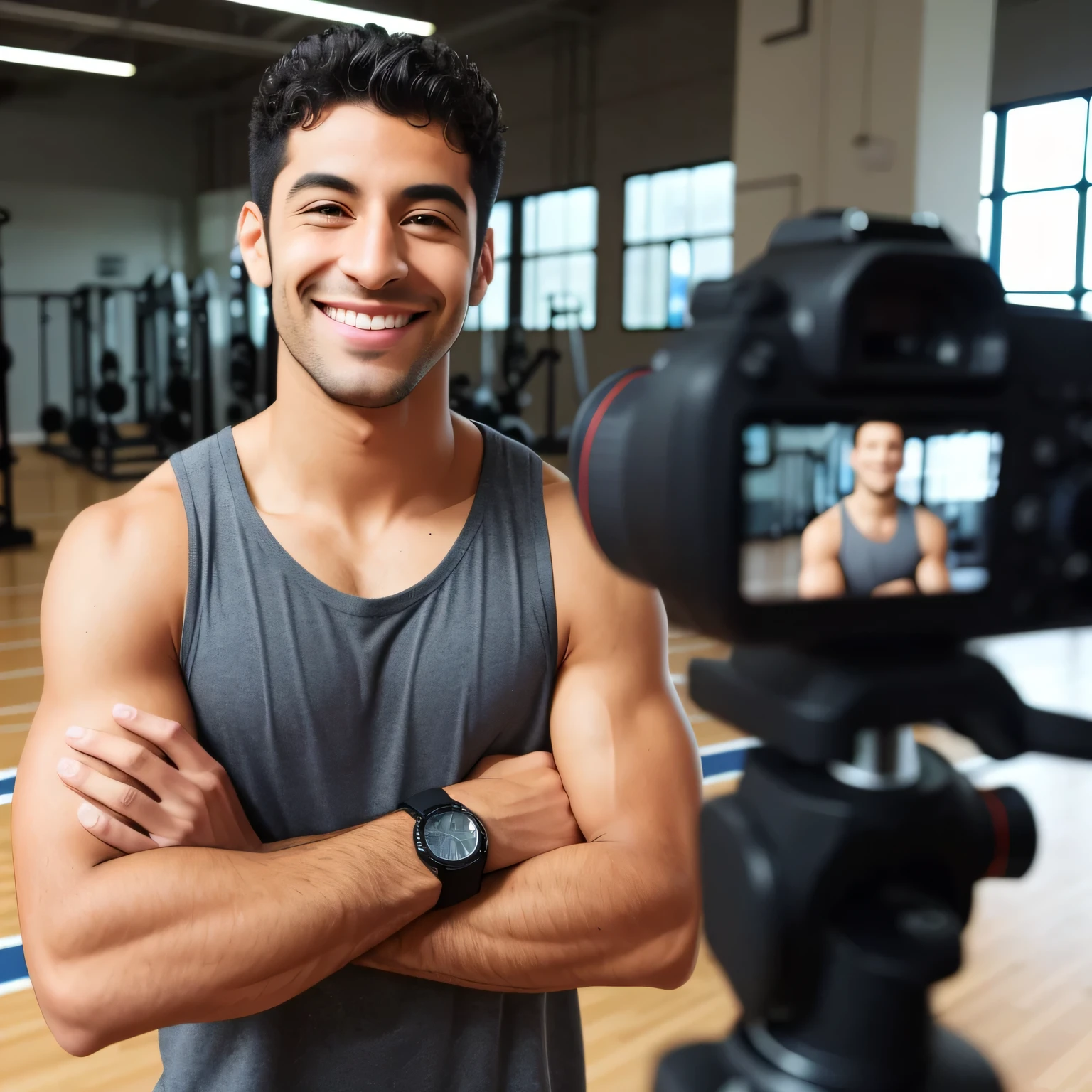 arafed man in a gym with a camera and a video camera, posing for the camera, posing for a picture, looking to camera, posing for camera, looking to the camera, looking straight to camera, looking towards the camera, youtuber, smiling for the camera, holding it out to the camera, model posing, smiling at the camera