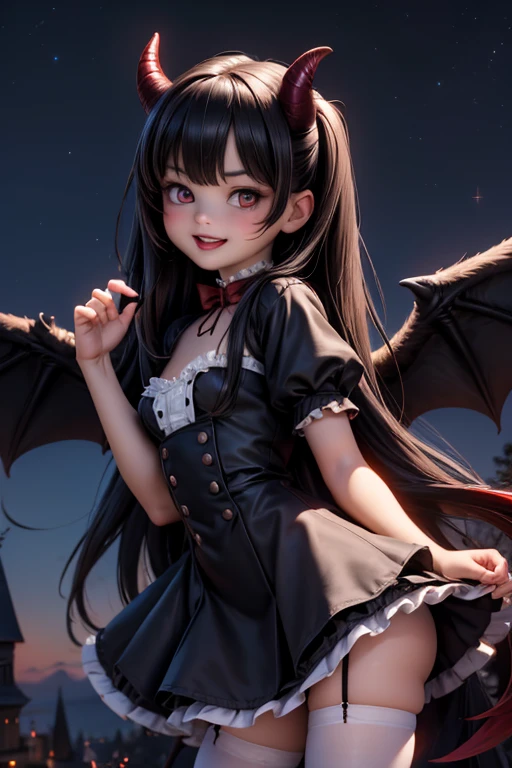 Ultra-realistic 8k CG, masterpiece, best quality, (photorealistic:1.4), absurdres, extremely detailed, real hair, a demon-girl smiling, red lipstick, red smokey eyes make up, showing fang, black hair, teen dress, (white stockings), black (mary jane Lolita pumps), tail, black wings, devil horns, looking at viewer, reflective, crawling toward viewer, night castle, night sky, life-like, horror scene, dark setting,