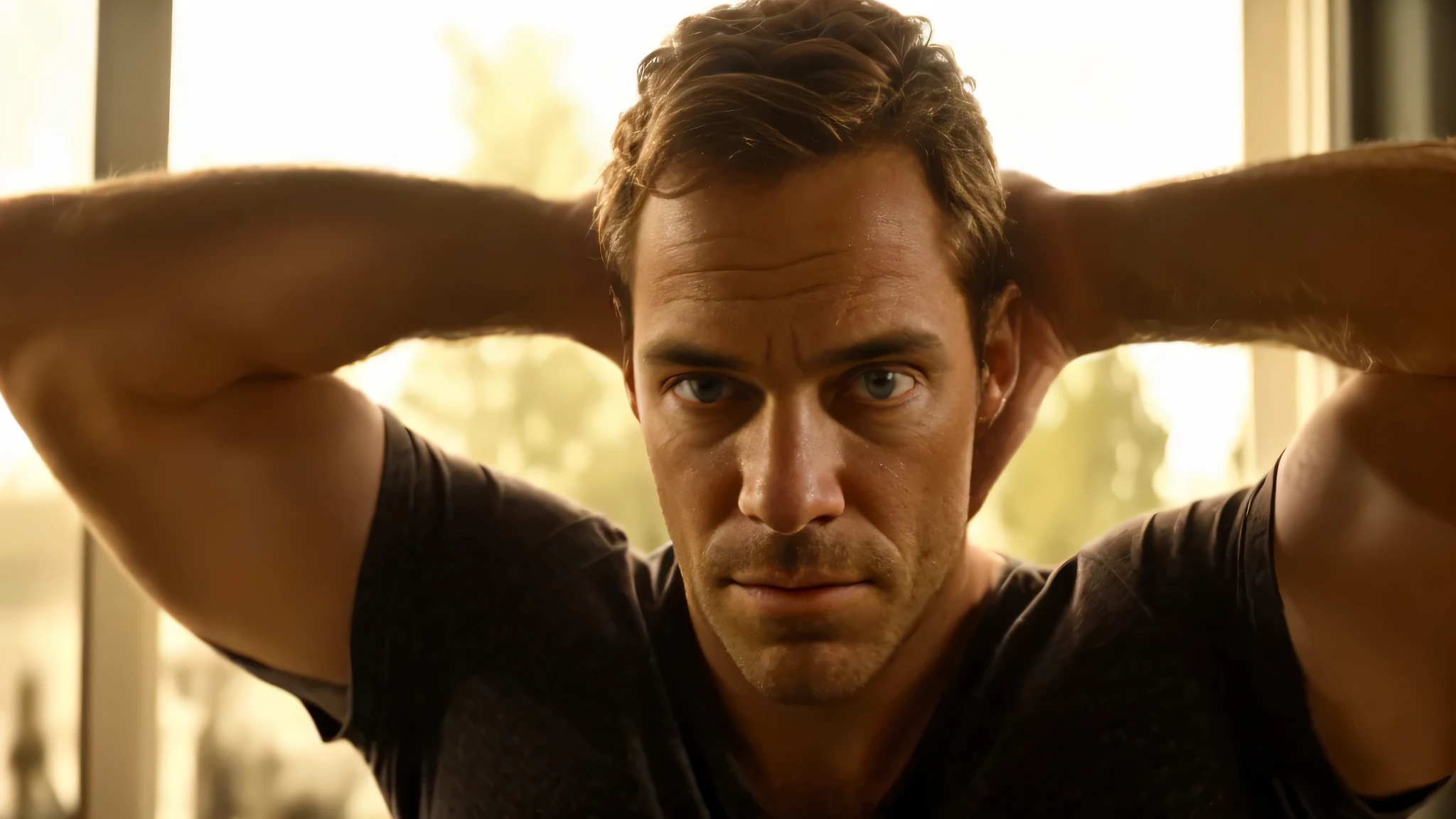 there is a man that is holding his head in his hands, dexter morgan, doing the bateman stare, smug smirk, cinematic close-up bust shot, marton csokas, looking threatening, intense gaze, nefarious smirk, smug look, self - satisfied smirk, intense smoldering, sharply focused, michael fassbender