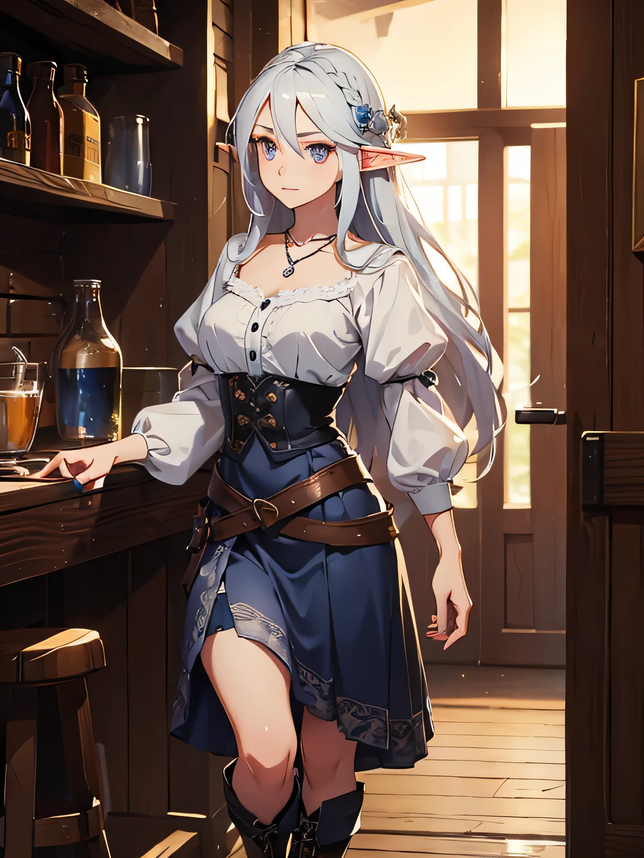 masterpiece, rustic tavern, 1_woman, (full body), looking away viewer, exotic skin_complexion:1.4),mature, tall, beautiful, exotic, elegant, slim, long elf ears, platinum blonde long hair, gray colored eyes, medium_bust, (thigh_gap), thigh_gap, puffy shirt, white blouse, short sleeves, dark blue high waist underbust dress, tall boots withlaces, four buttons at waist, blue ribbons in hair, hair ornament, (blue rose at waist), flounce hemline, smirking at viewer, long skirt with slit, wearing (necklace with silver ring on it), holding old brown book, 