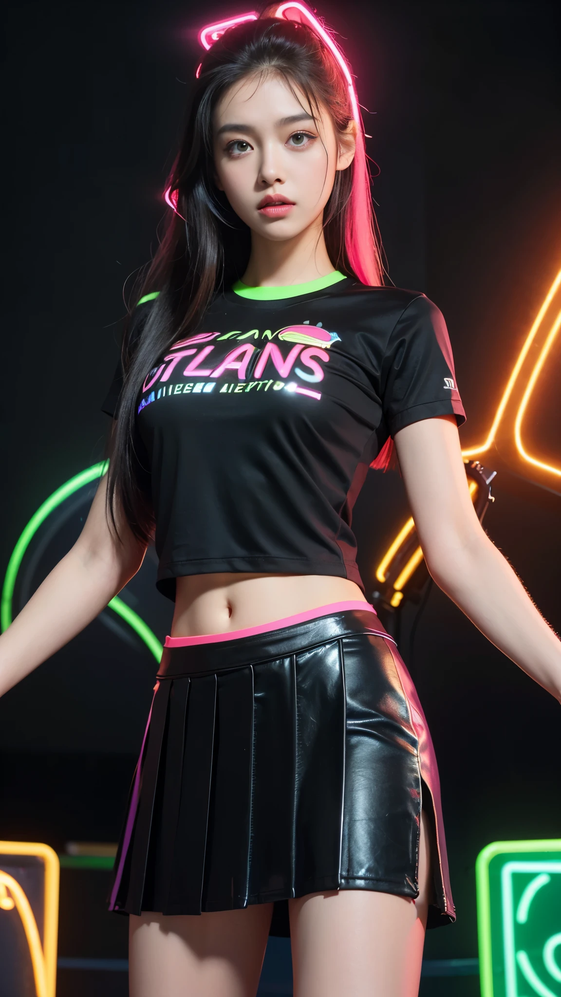8K, ultra HD, masterpiece, 1 girl, good face, loong hair, detailed eyes, detailed lips, (perfect beautiful Curved figure), (half sports t-shirt:1.5), (black color:1.5), (plated spreading skirt:1.5), computer graphics room, (neon lights:1.5), LED screen, ground reflection, RTX4090,