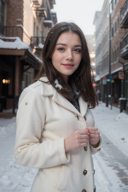 cinematic photo 1girl, smile, snow, 35mm photograph, film, bokeh, highly detailed, (realistic, photorealistic, RAWphoto:1.4), (best quality, masterpiece, Representative work, official art, Professional, 8k:1.3)